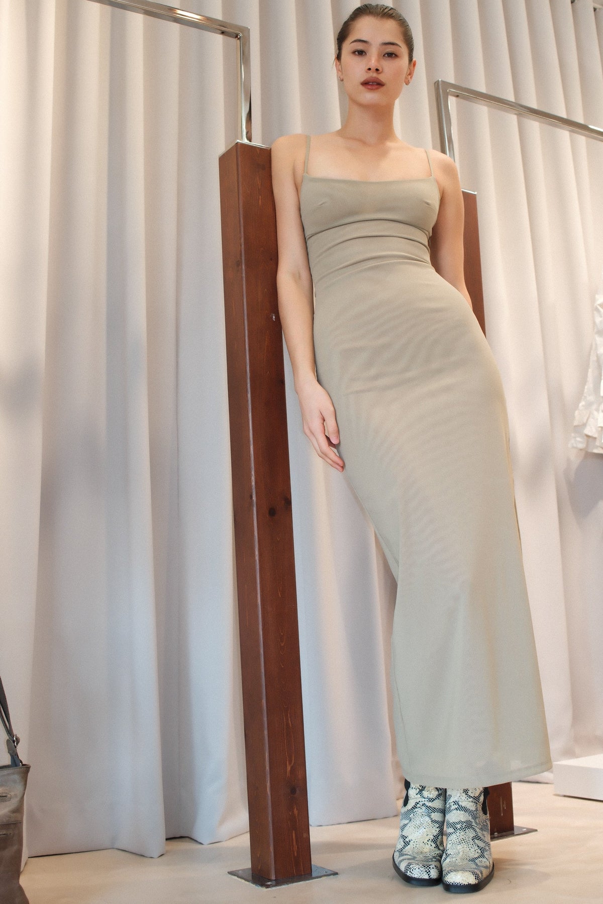 Miaou Sage Stone Semi-Sheer Scoop-Neck Column Maxi Dress