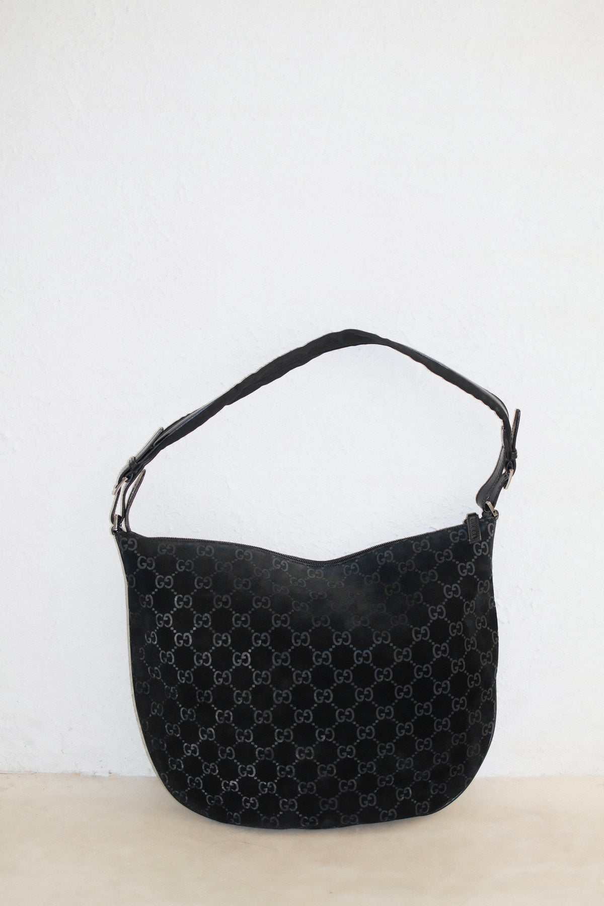 Gucci by Tom Ford Era Black Monogram Suede Crescent Bag