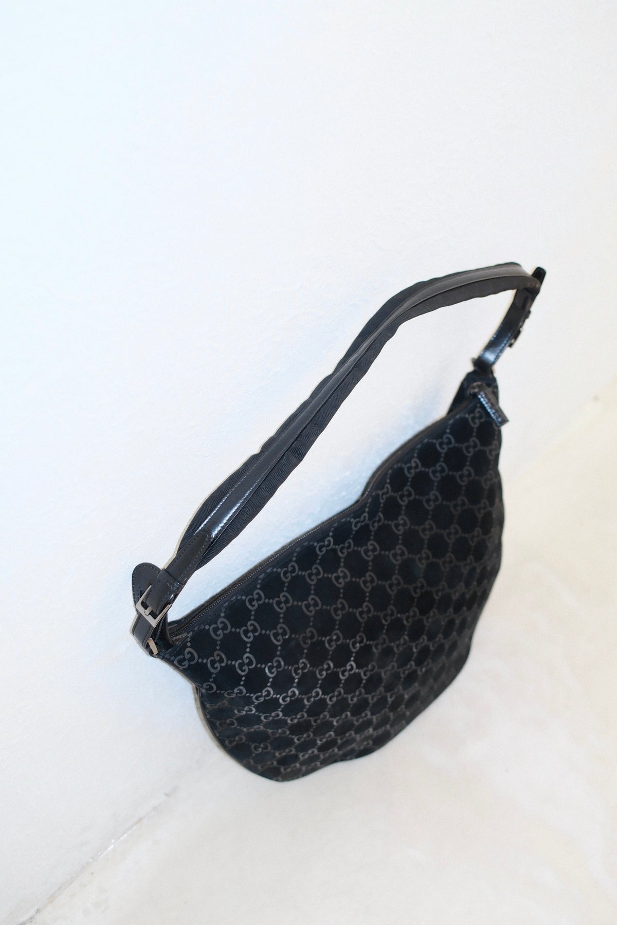 Gucci by Tom Ford Era Black Monogram Suede Crescent Bag