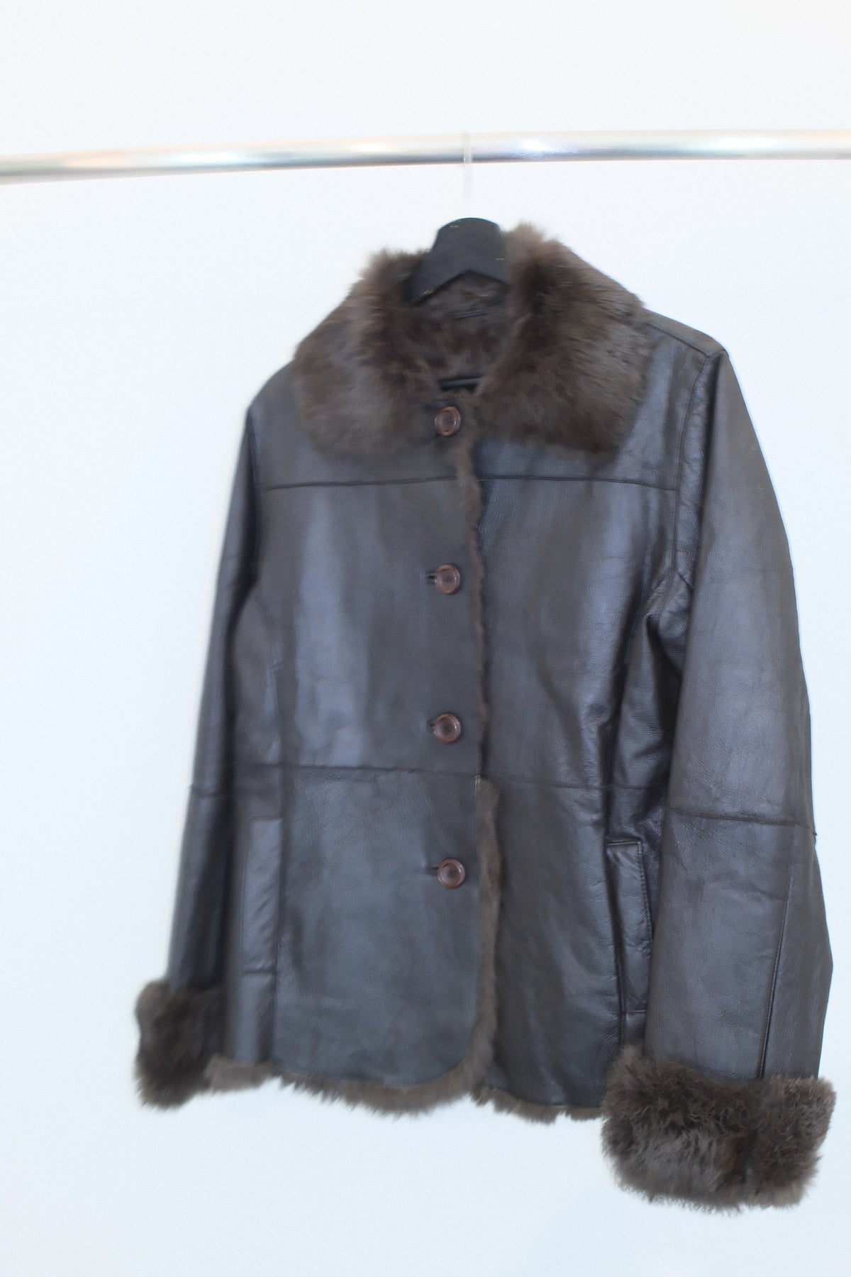 Vintage Espresso Brown Leather Car Coat with Natural Rabbit Fur Lining and Collar