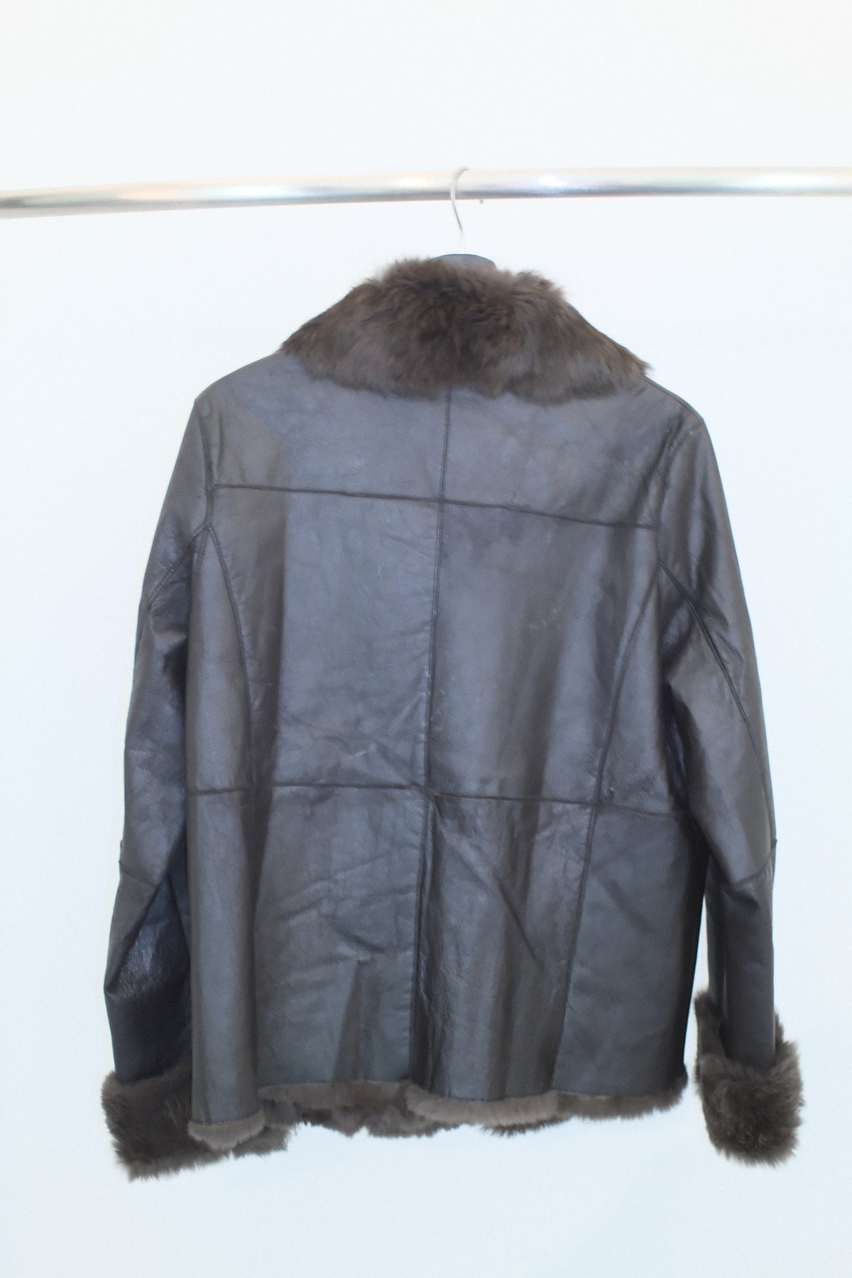 Vintage Espresso Brown Leather Car Coat with Natural Rabbit Fur Lining and Collar