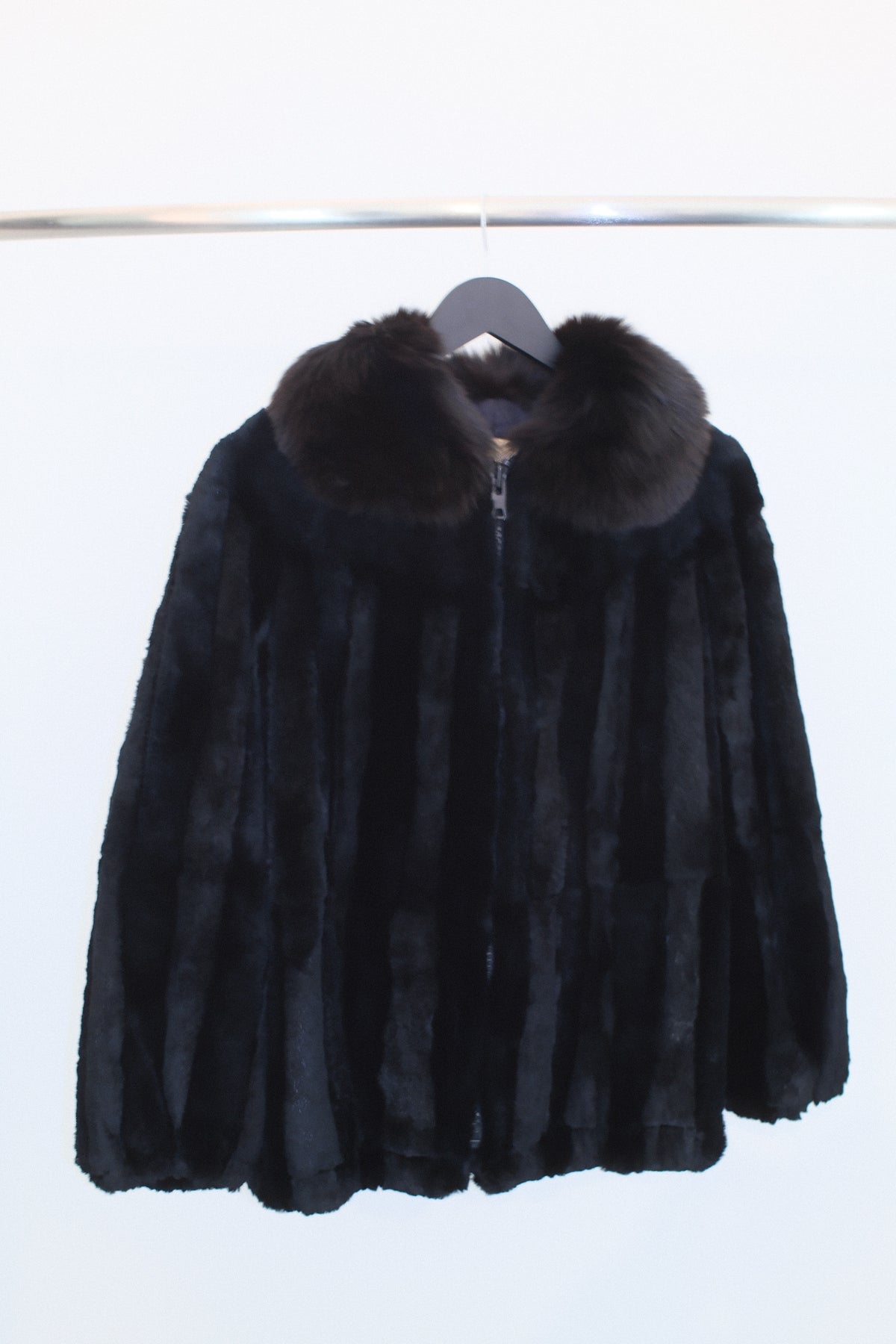 Vintage Midnight Black Grooved Sheared Fur Zip Jacket with Fox Fur Shawl Collar