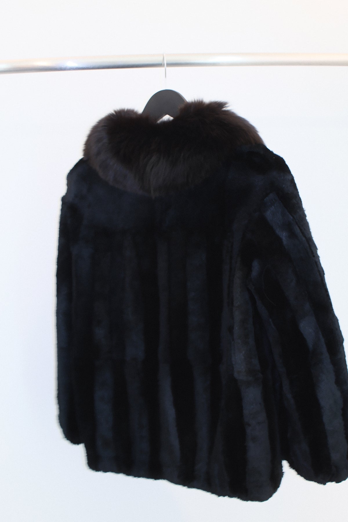 Vintage Midnight Black Grooved Sheared Fur Zip Jacket with Fox Fur Shawl Collar