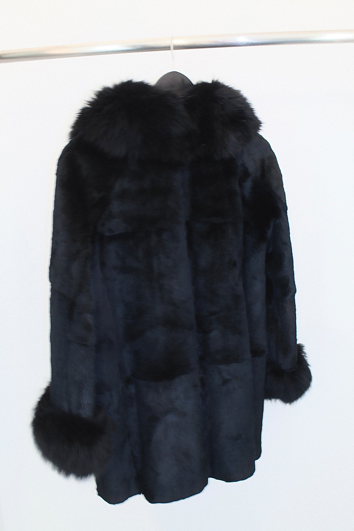 Vintage Midnight Black Sheared Fur Car Coat with Fox Fur Portrait Collar and Cuffs
