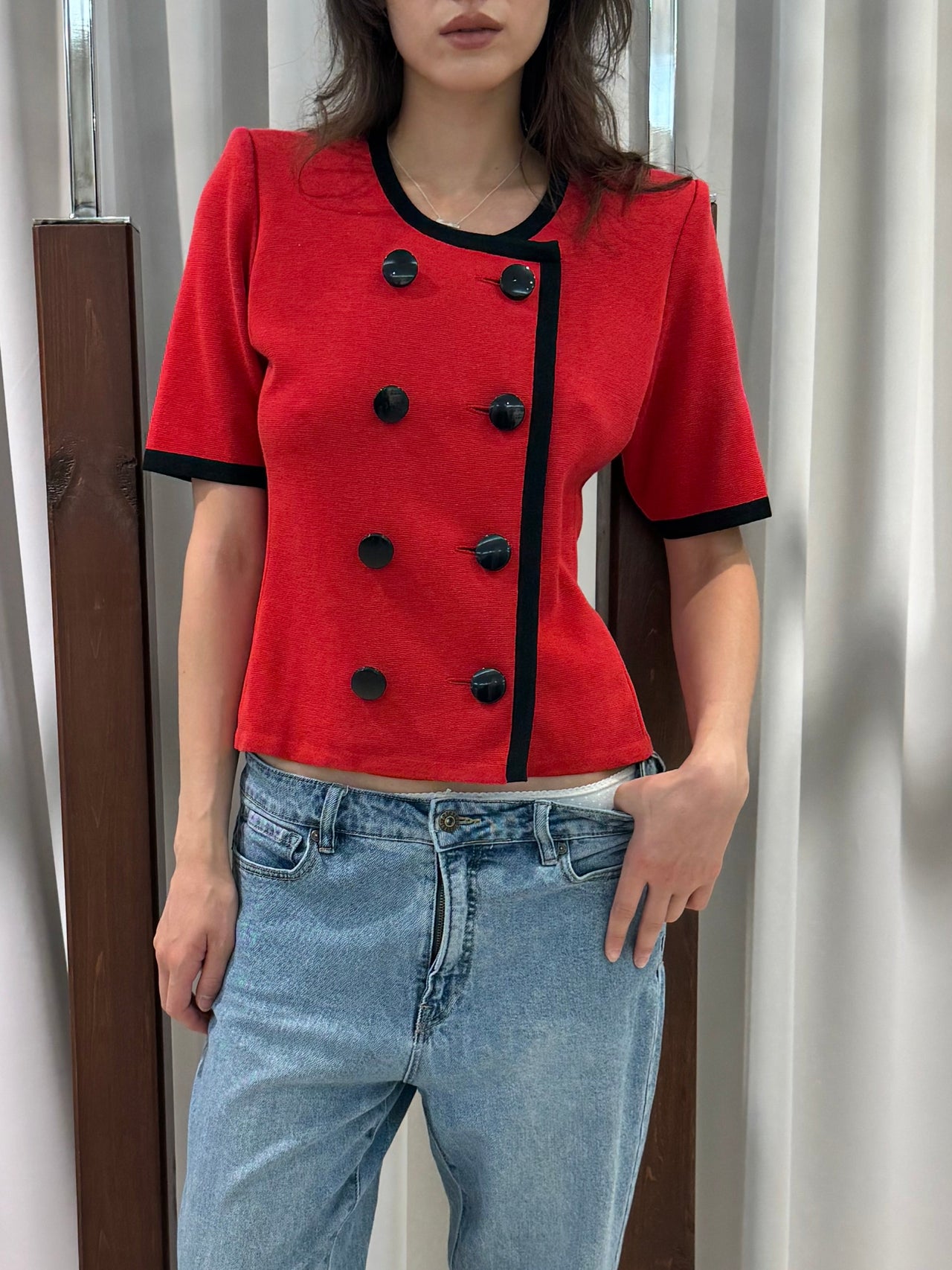Yves Saint Laurent Rive Gauche Contrast-Trim Double-Breasted Knit Top