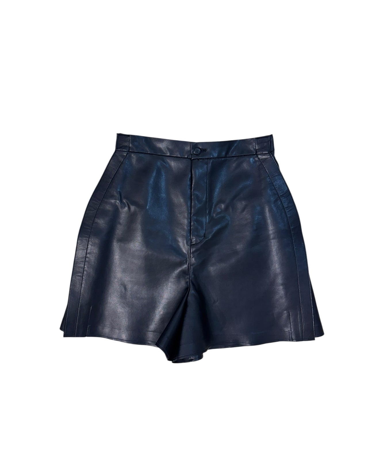 Black leather junya watanabe skirt on a white background