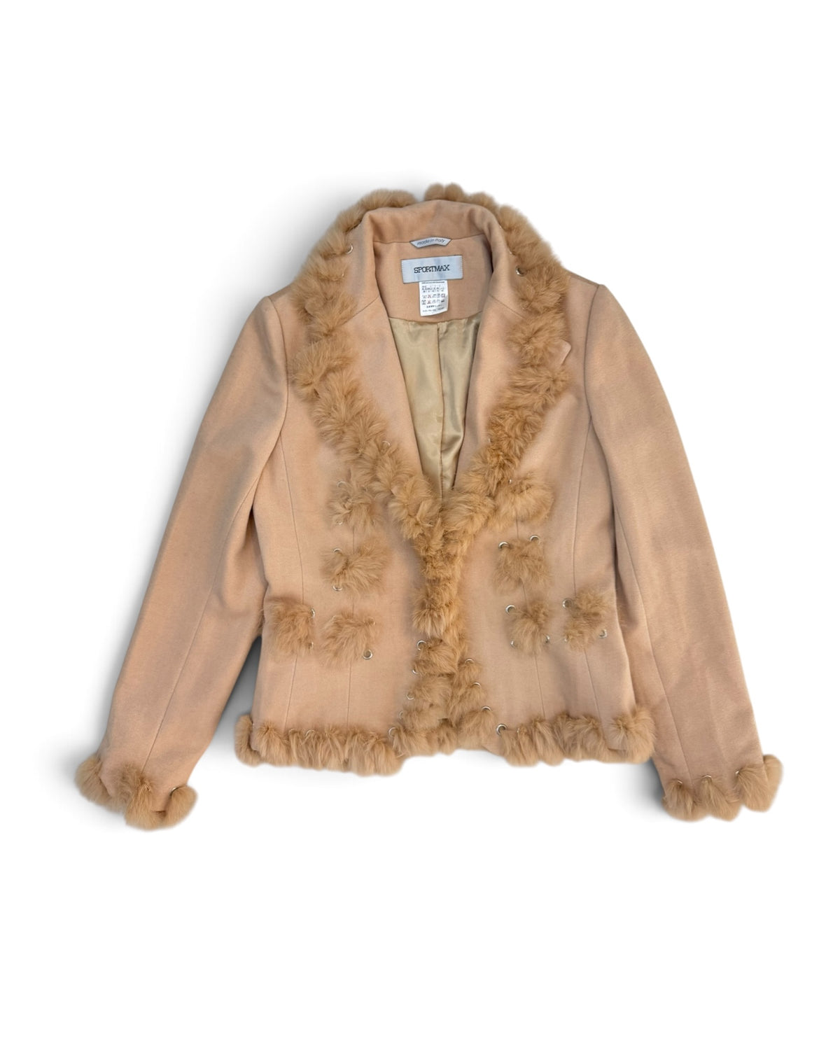Sportmax Vintage Wool-Cotton Grommet Fur-Trimmed Blazer