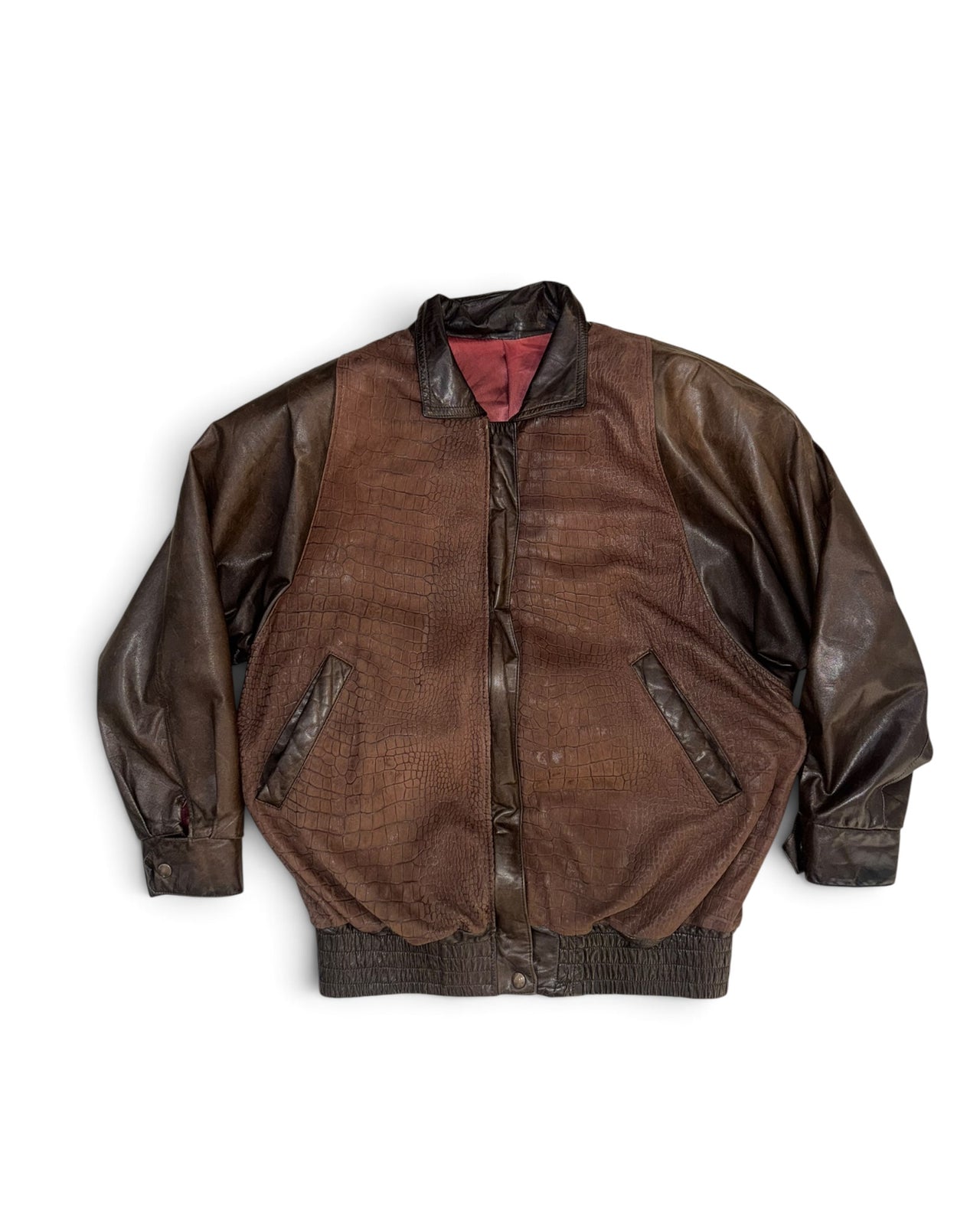 Vintage 1980s Crocodile-Embossed Suede and Leather Bomber Jacket