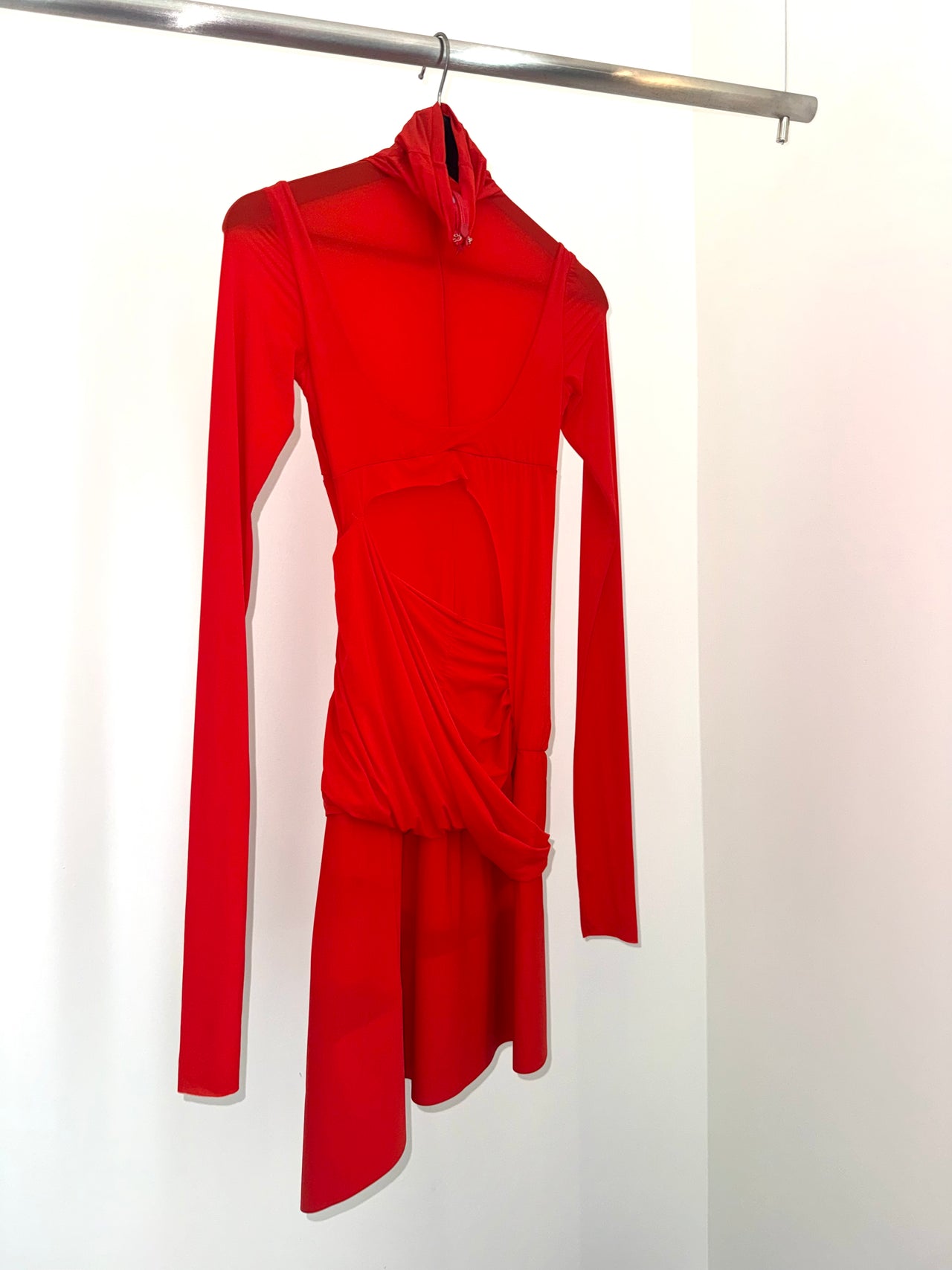 Mugler Fiery Red Asymmetric Illusion Draped Mini Dress
