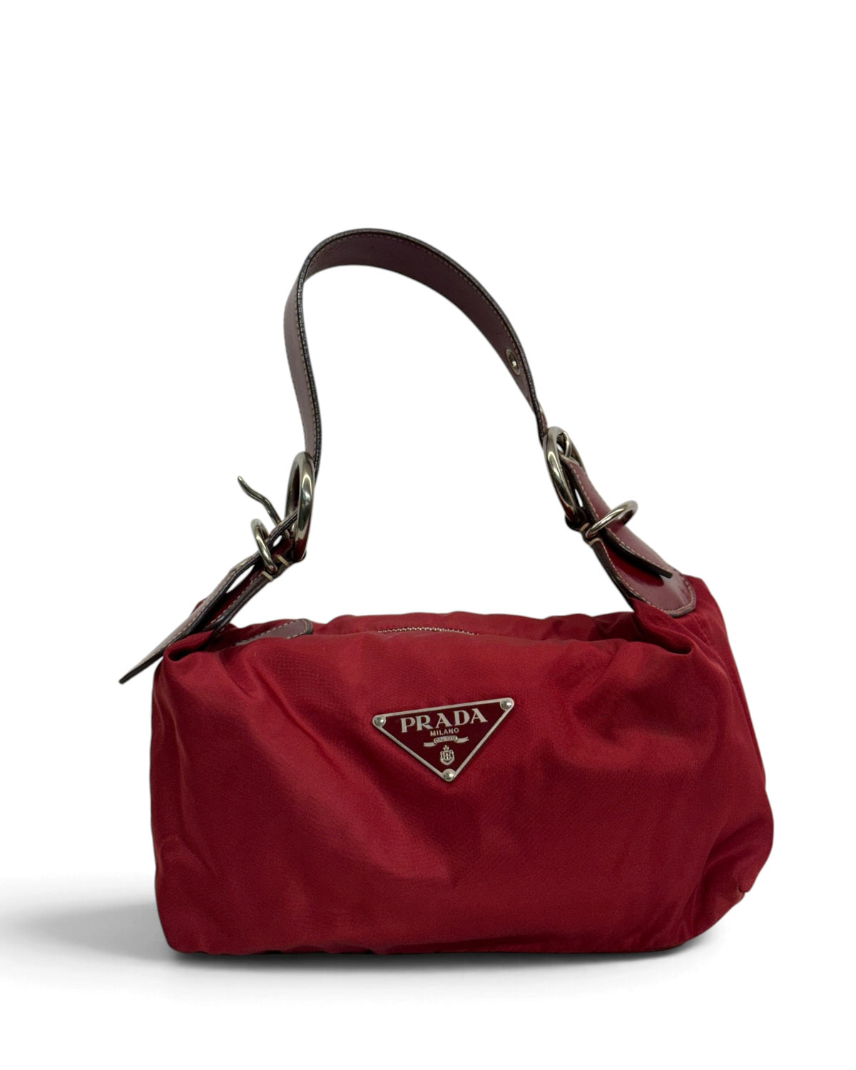 Prada Vintage Cherry Red Tessuto Nylon Ring-Handle Shoulder Bag