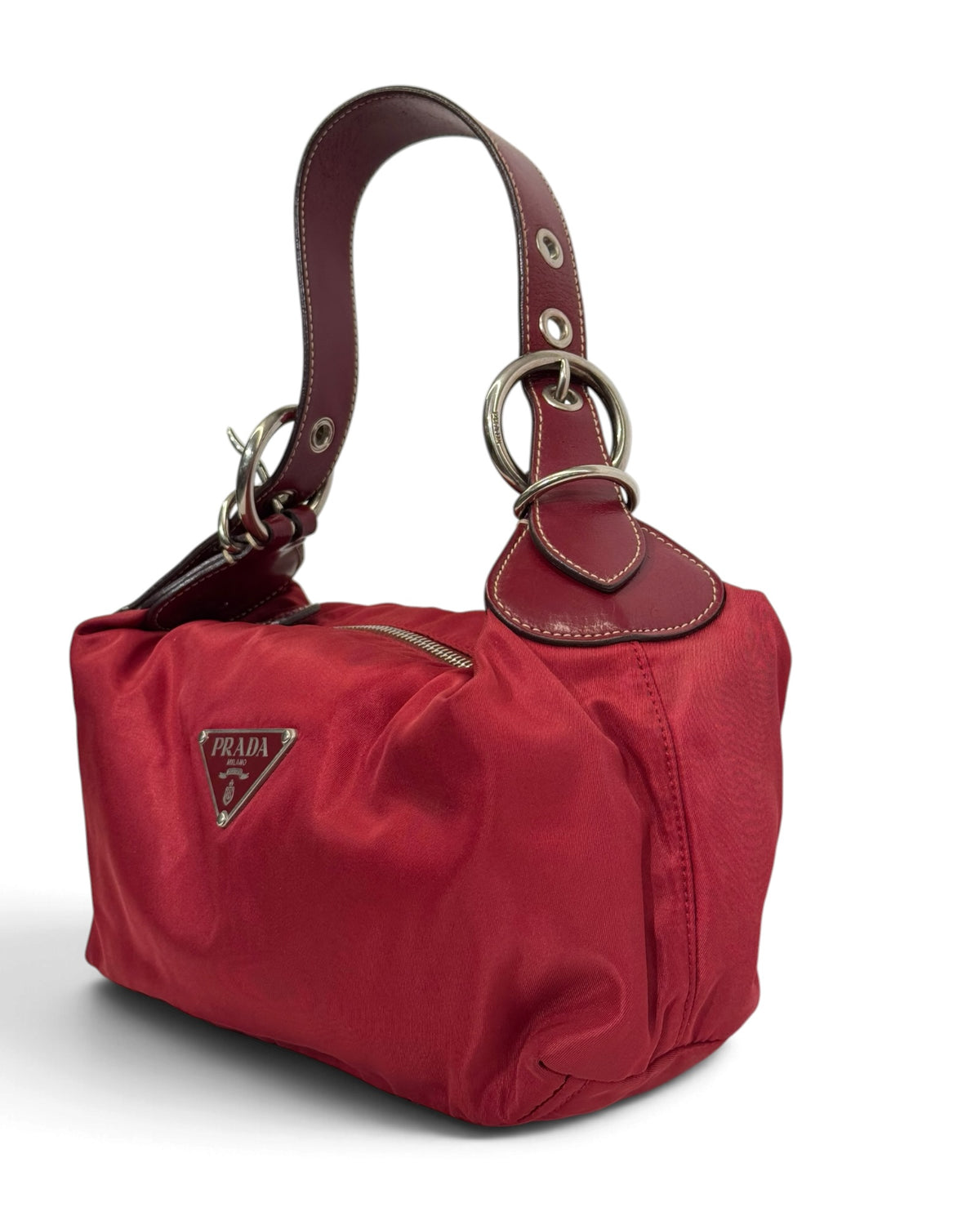 Prada Vintage Cherry Red Tessuto Nylon Ring-Handle Shoulder Bag
