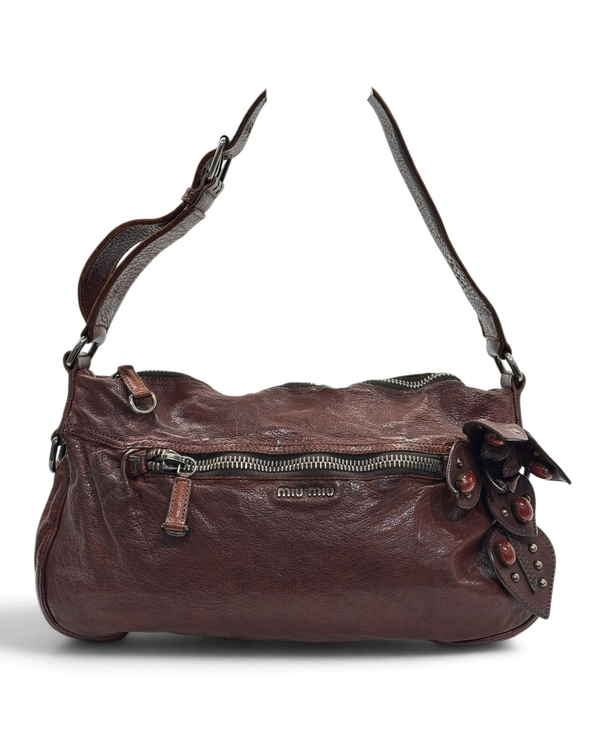 Miu Miu 2005 Distressed Leather Floral Cabochon Shoulder Bag