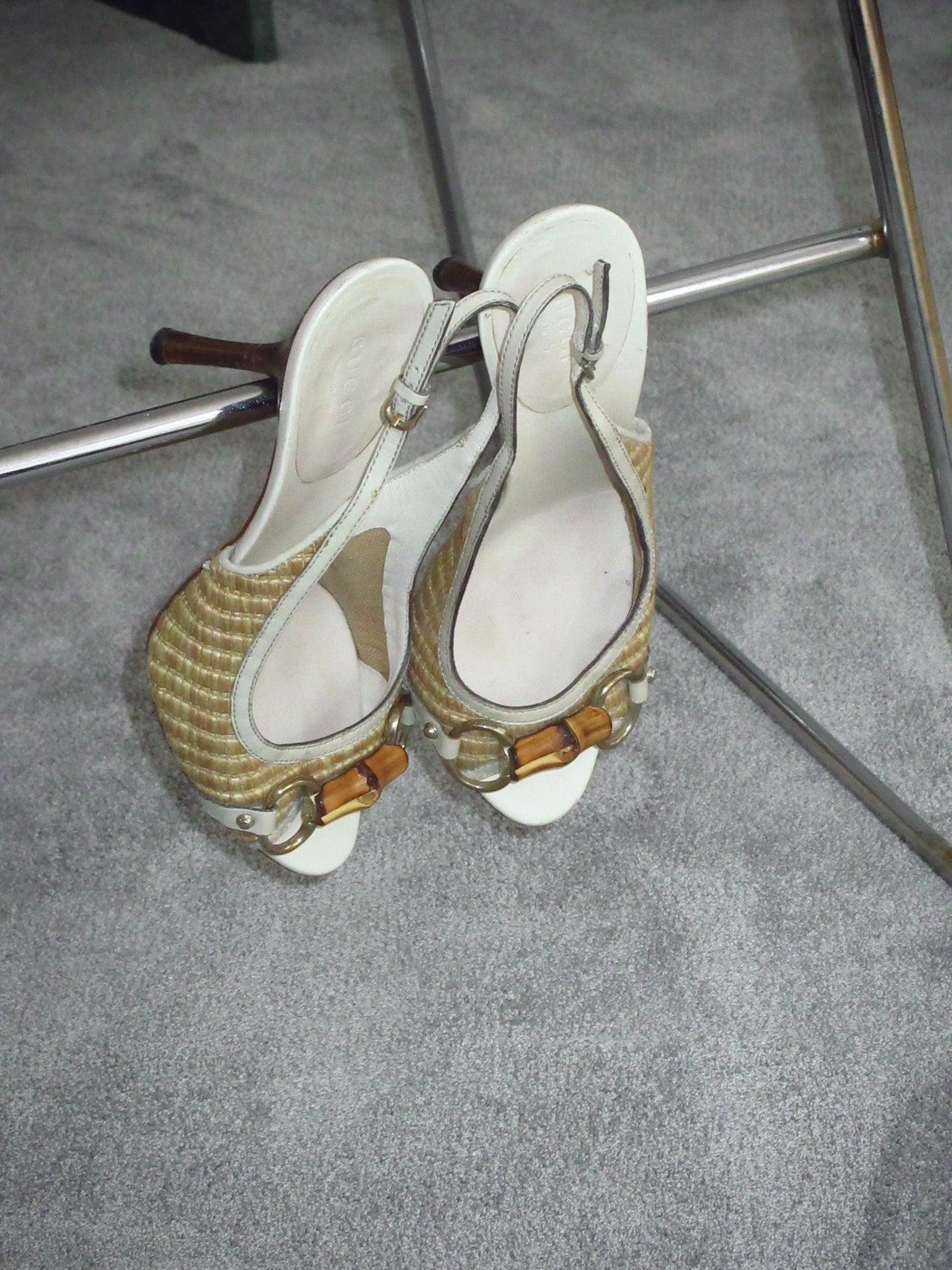 Gucci Bamboo Horsebit Raffia Leather Slingback Heels