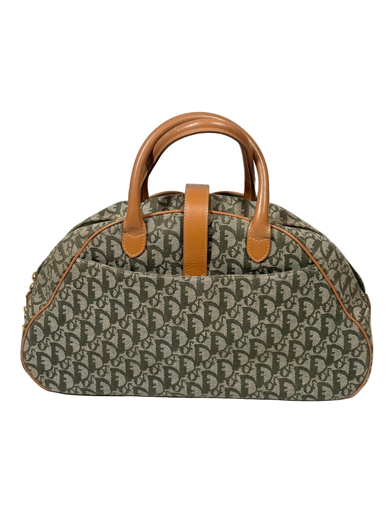 Designer handbag with monogram pattern on a white background