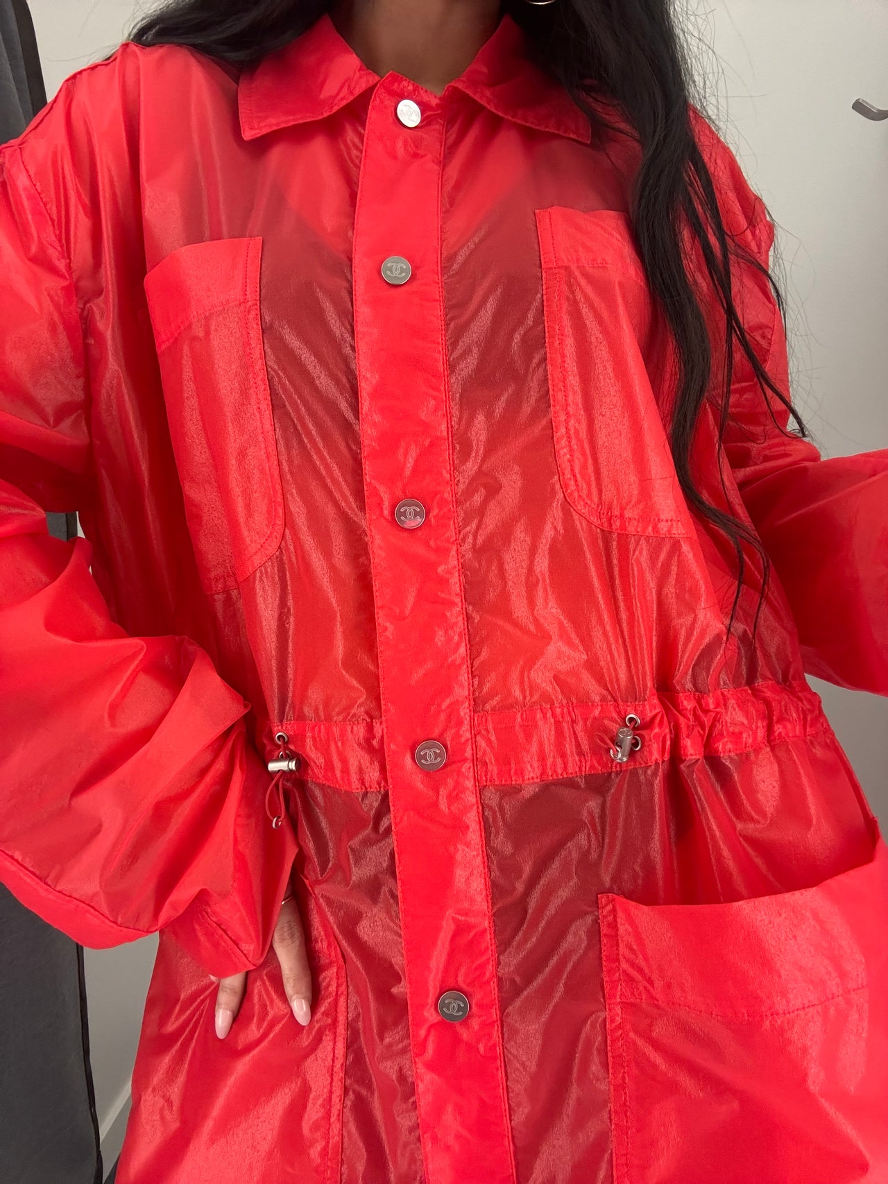 Chanel FW2015 Red Technical Waist-Cinch Jacket