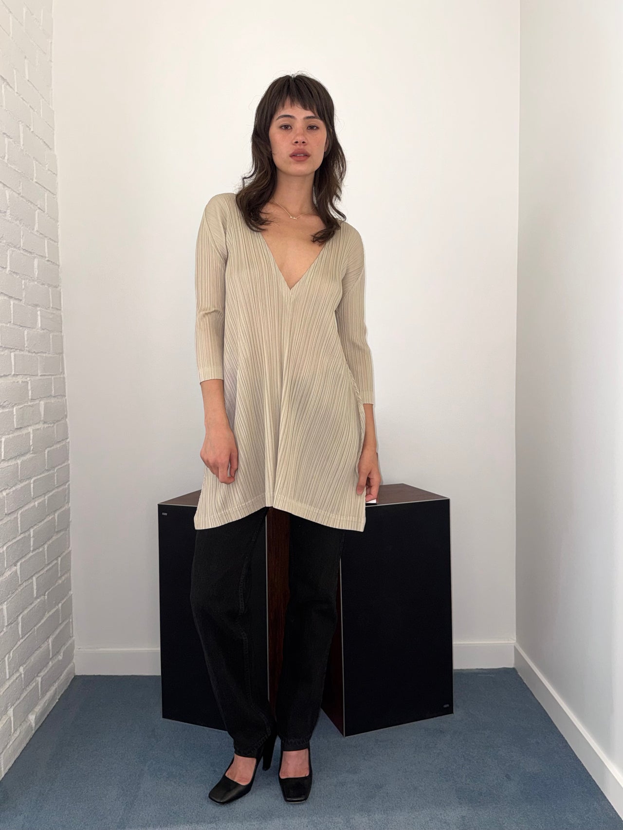 Pleats Please Issey Miyake Deep V-Neck Pleated Tunic Dress