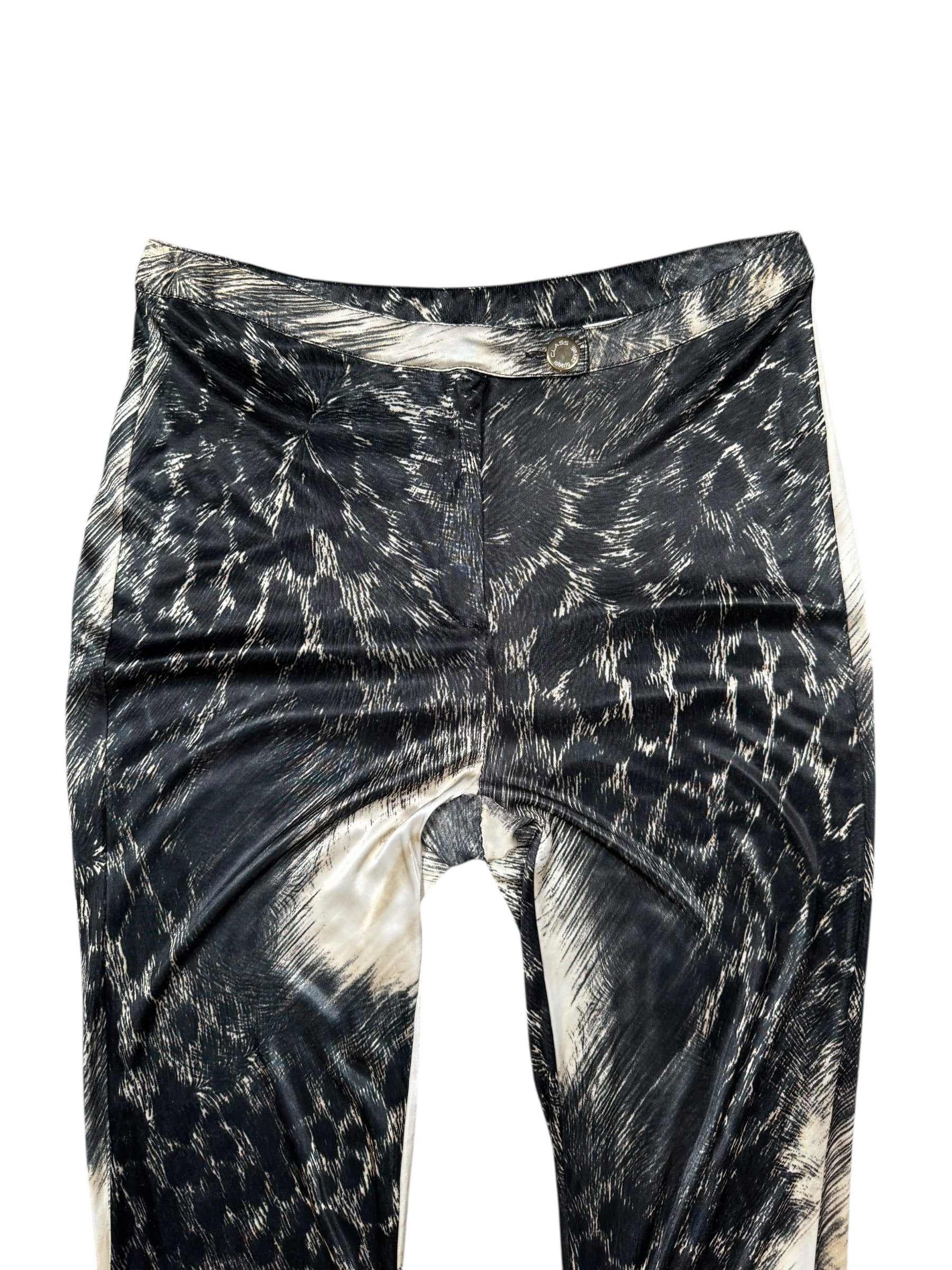 Black and white Cavalli patterned pants on a white background