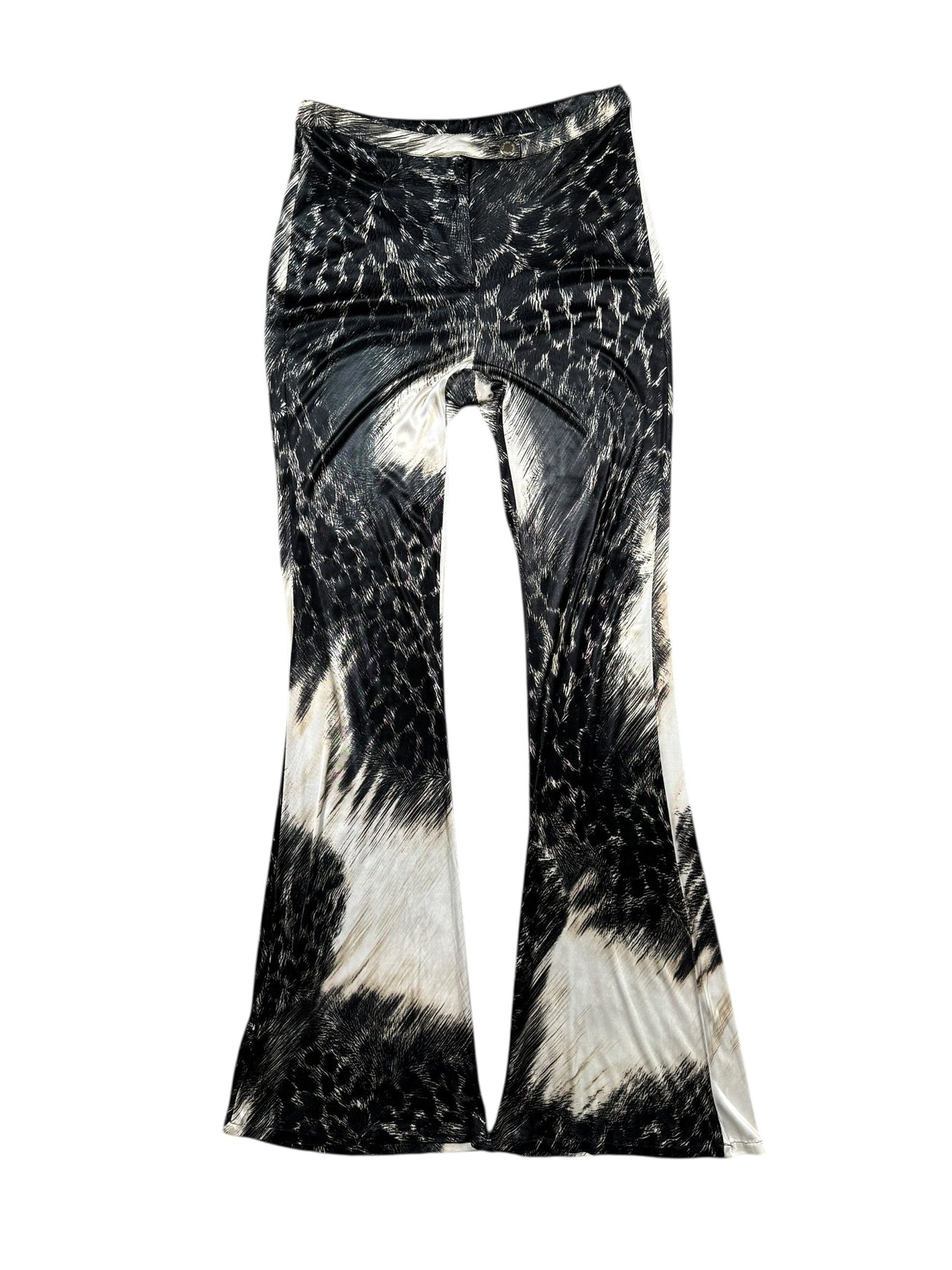 Black and white Cavalli patterned pants on a white background