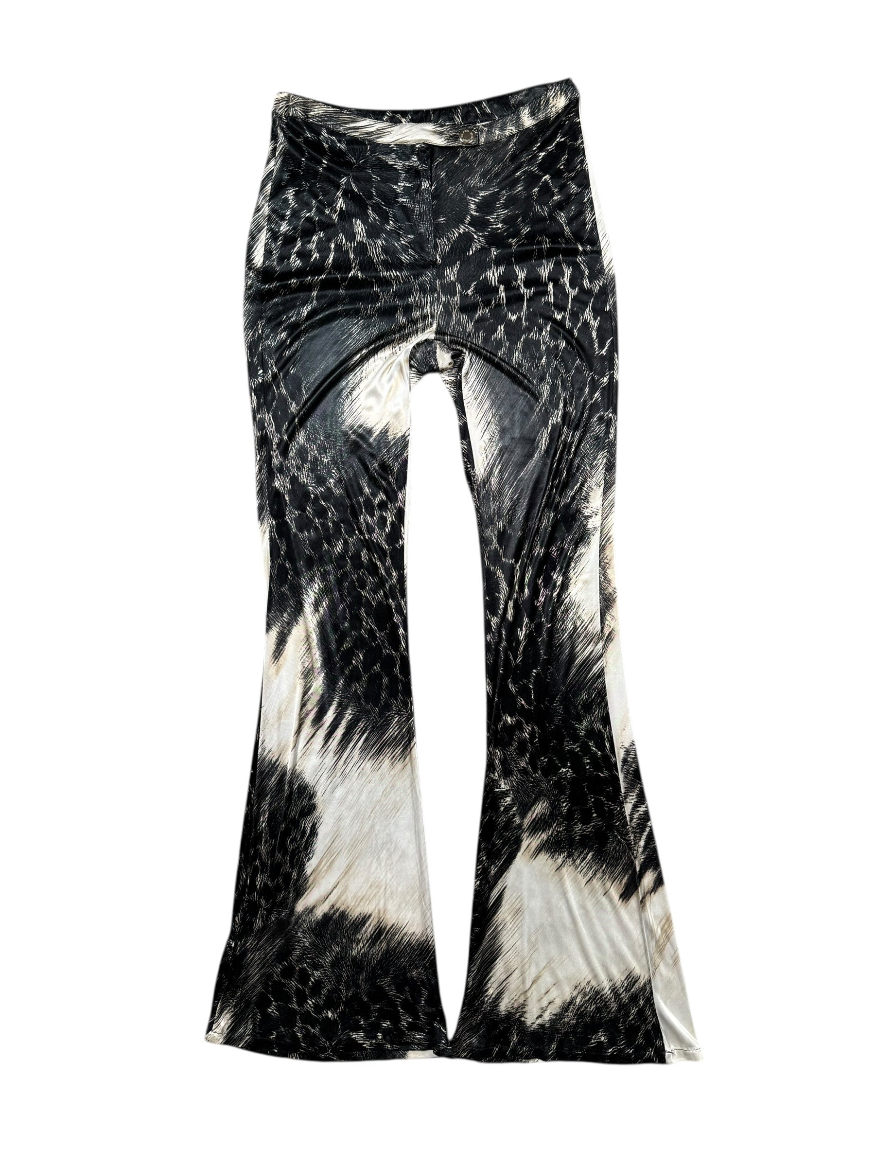 Black and white Cavalli patterned pants on a white background