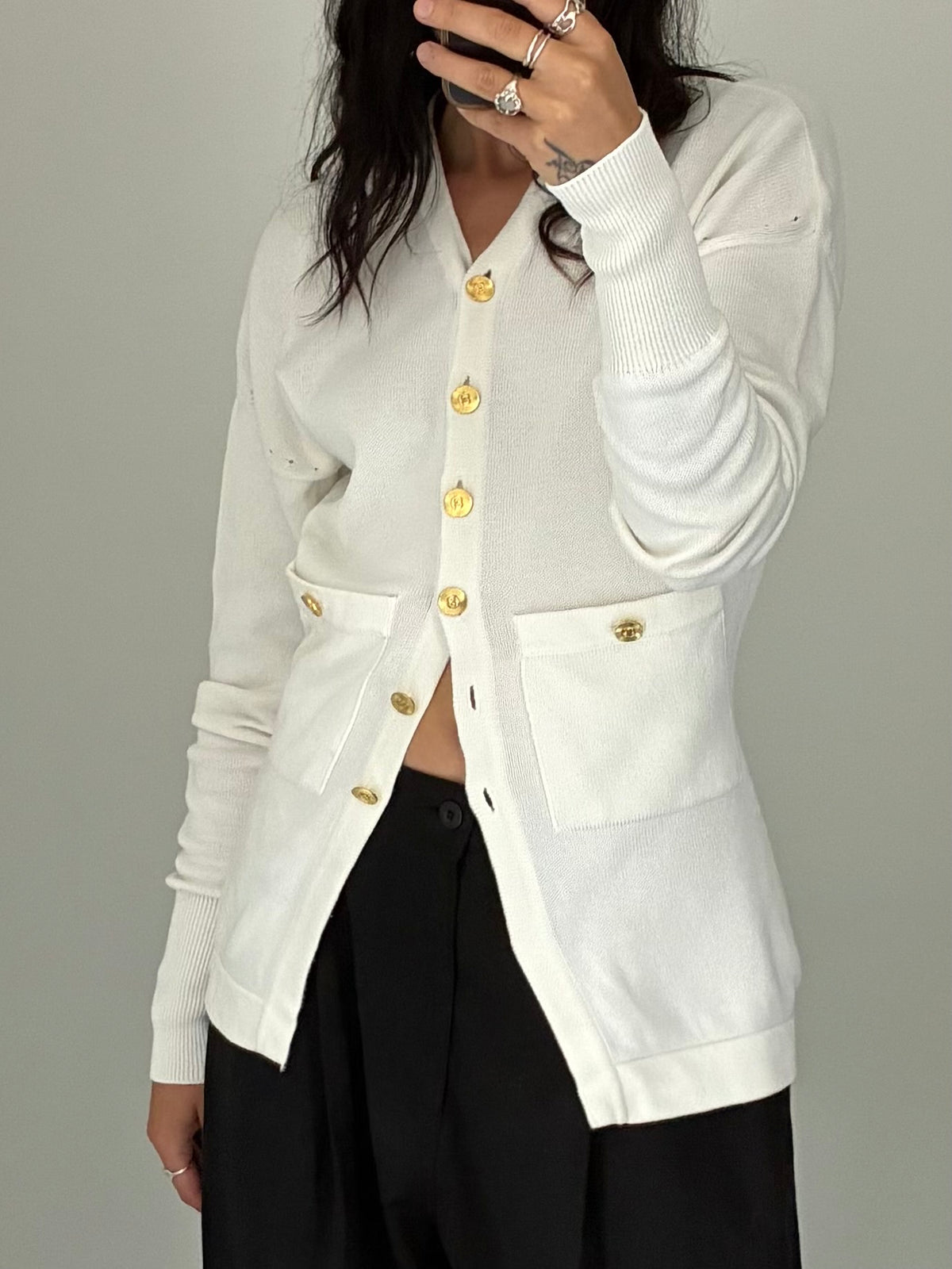 Chanel Vintage Cream Fine-Knit Cotton V-Neck Cardigan