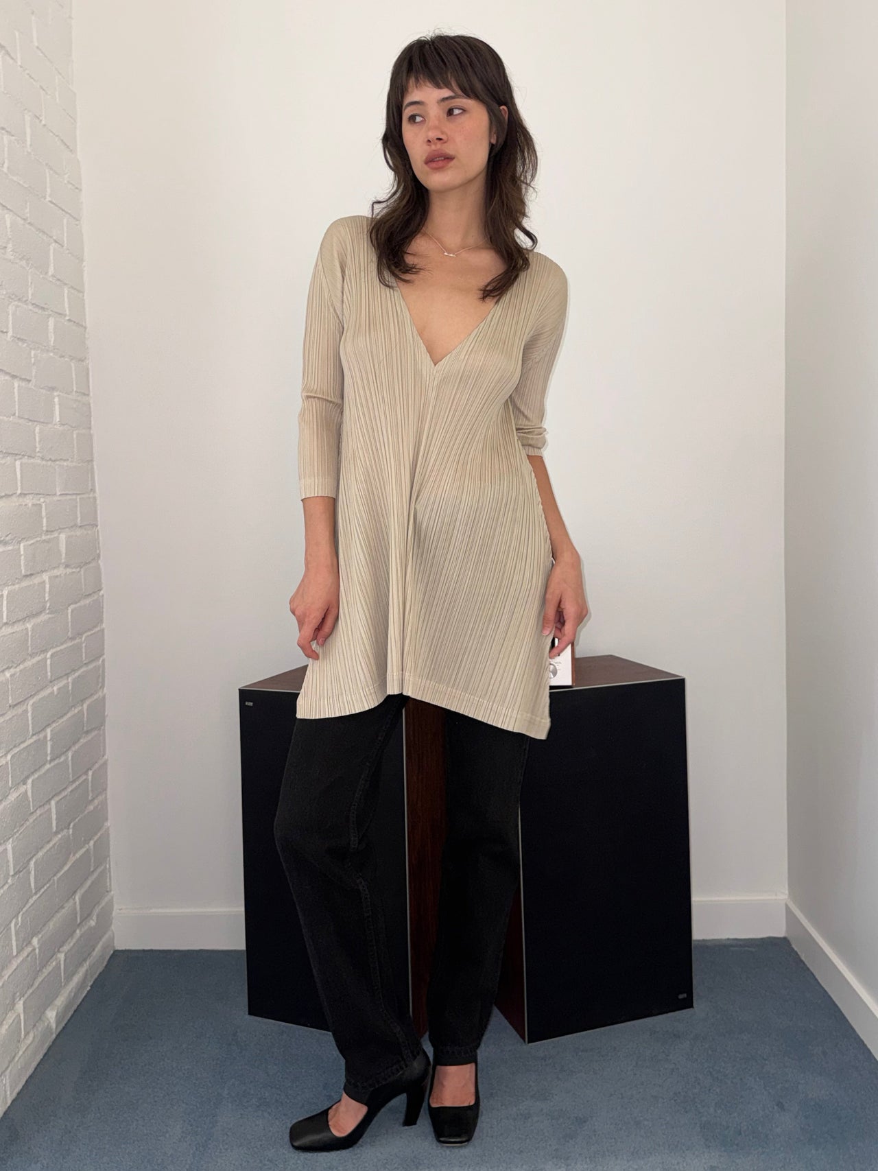 Pleats Please Issey Miyake Deep V-Neck Pleated Tunic Dress