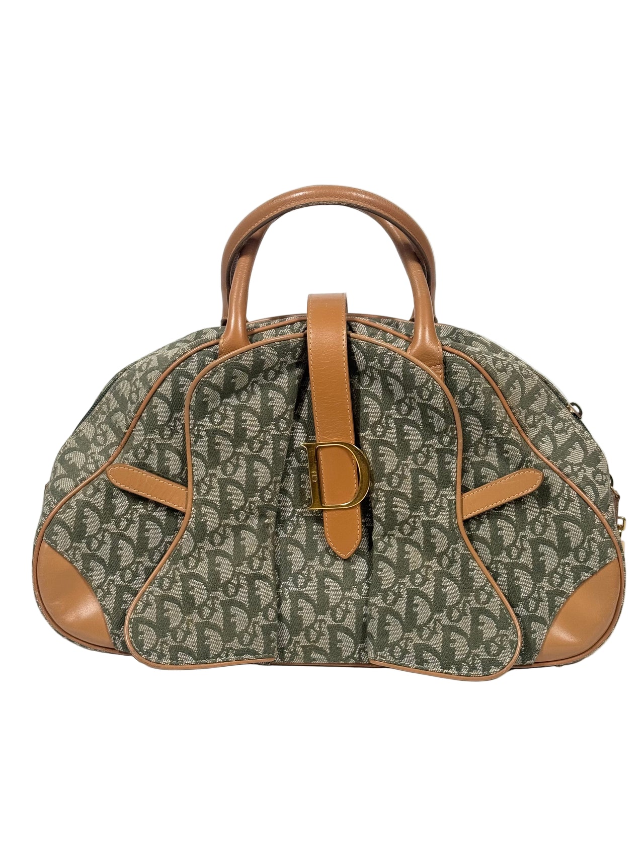 Designer handbag with monogram pattern on a white background