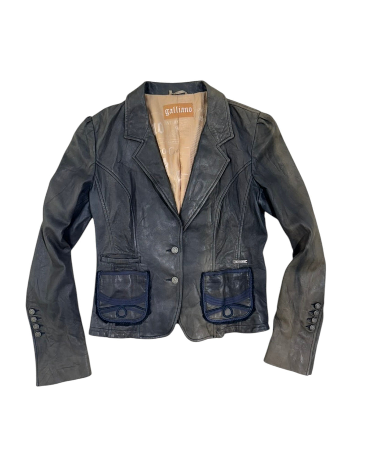 Galliano Gazette-Lined Sculpted Leather Blazer