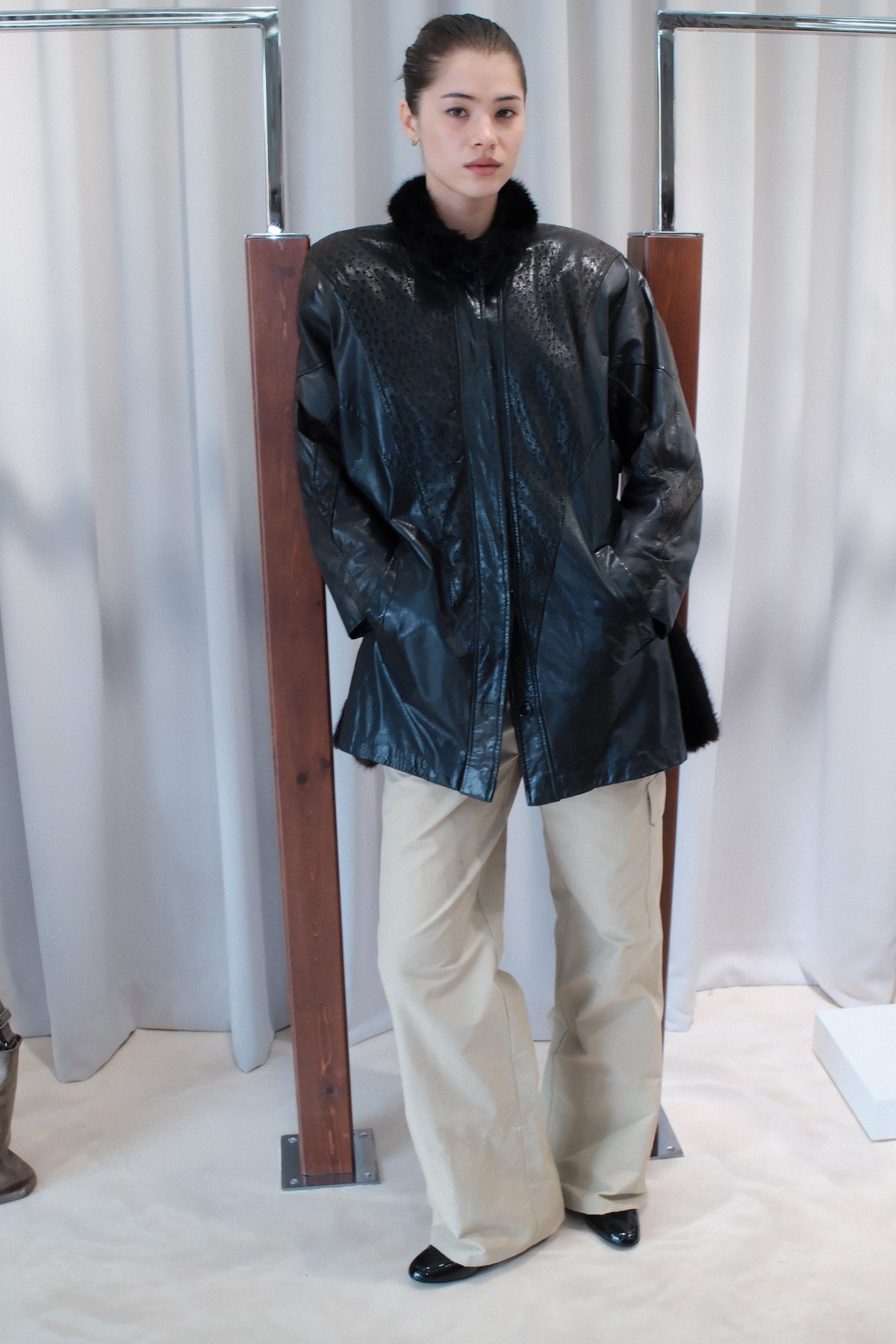 Vintage Black and Brown Lambskin Leather Car Coat with Mink Fur Collar and Embossed Yoke