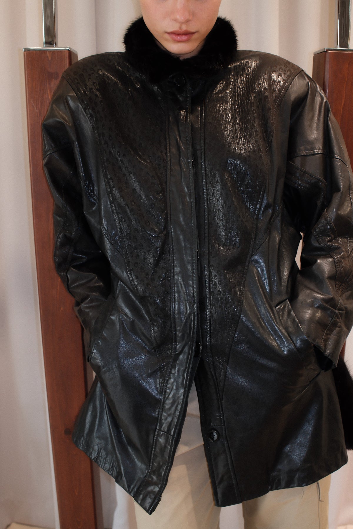 Vintage Black and Brown Lambskin Leather Car Coat with Mink Fur Collar and Embossed Yoke