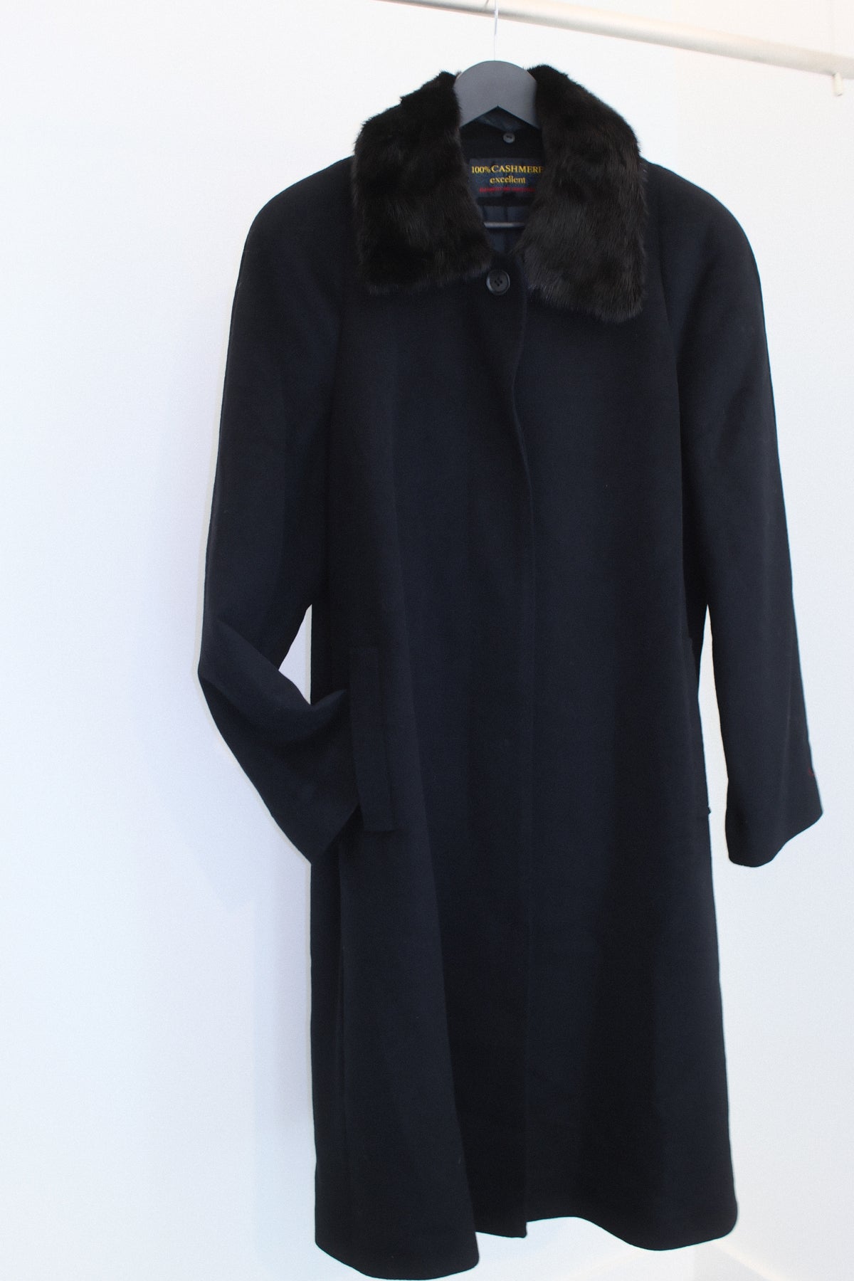 Vintage Black 100% Cashmere Long Overcoat with Natural Mink Fur Collar