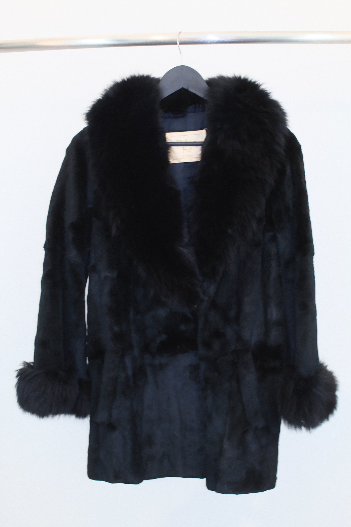 Vintage Midnight Black Sheared Fur Car Coat with Fox Fur Portrait Collar and Cuffs
