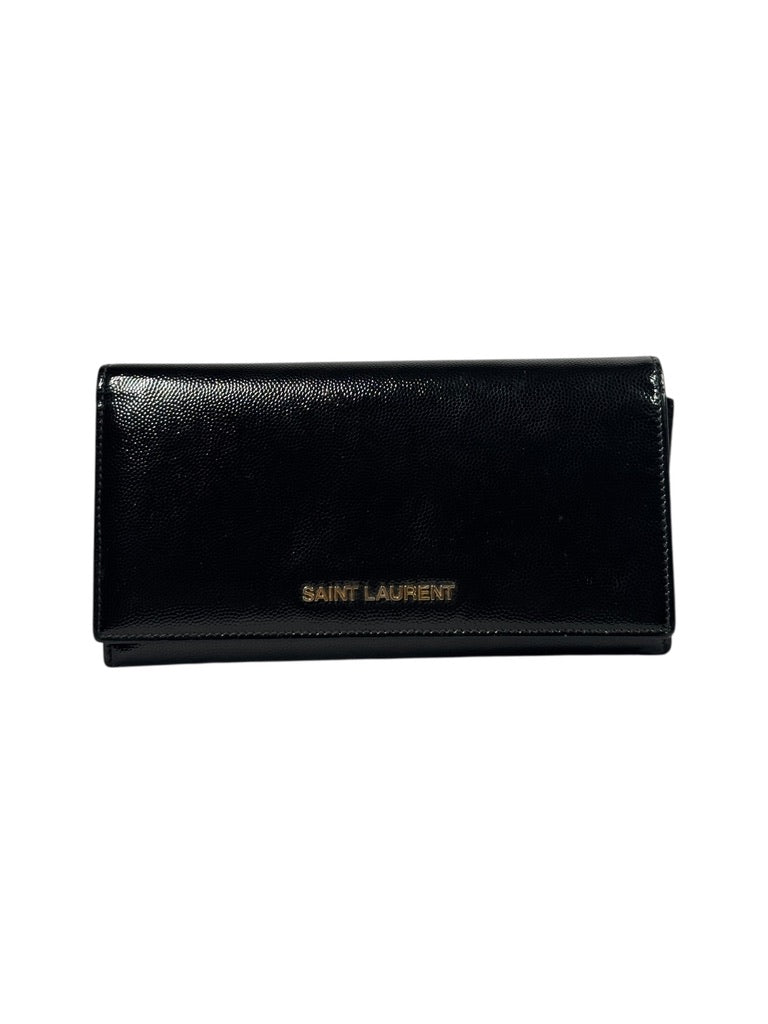 Black leather wallet with 'Saint Laurent' logo on a white background