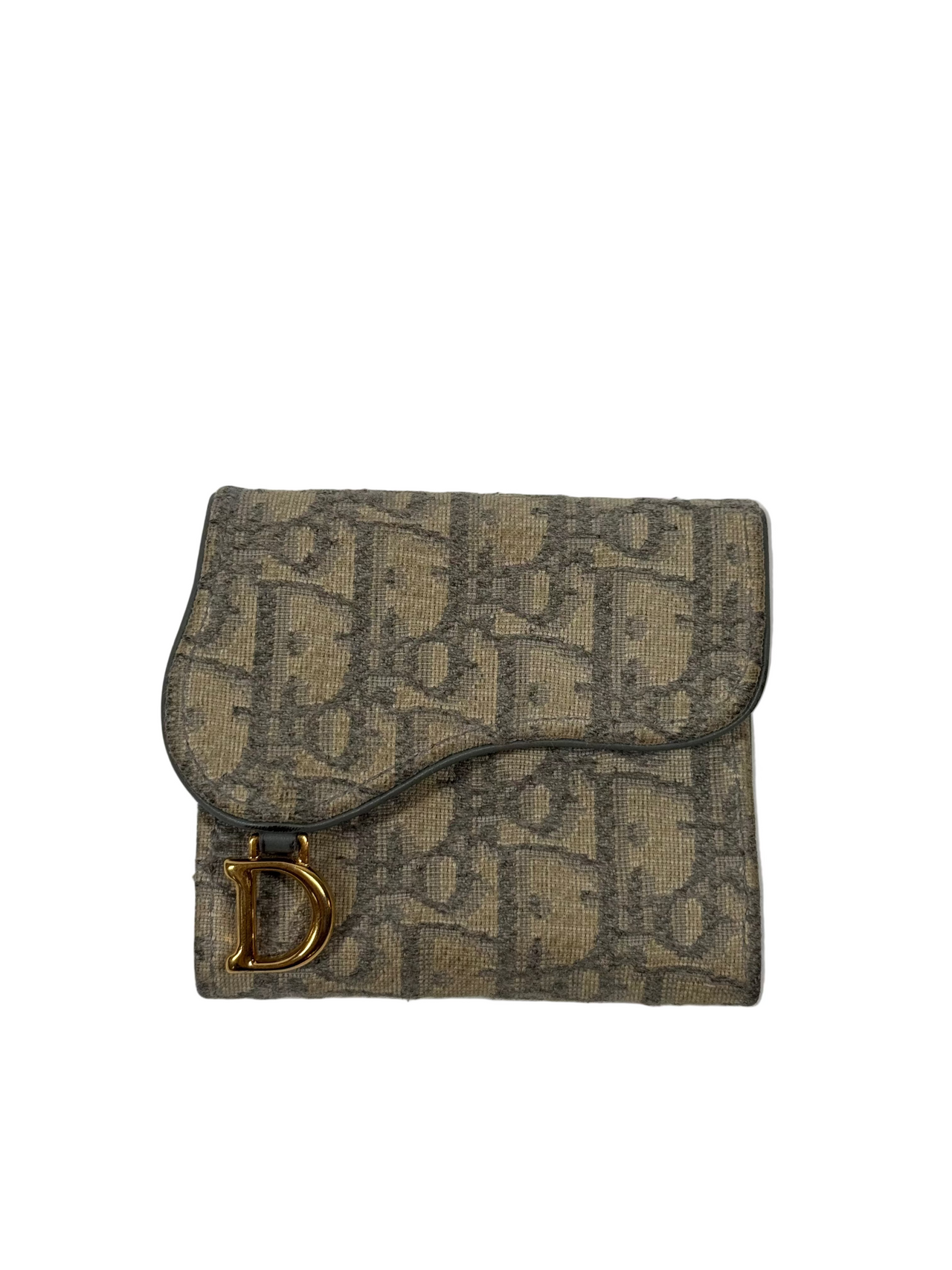 Designer wallet with brand logo on a light gray background