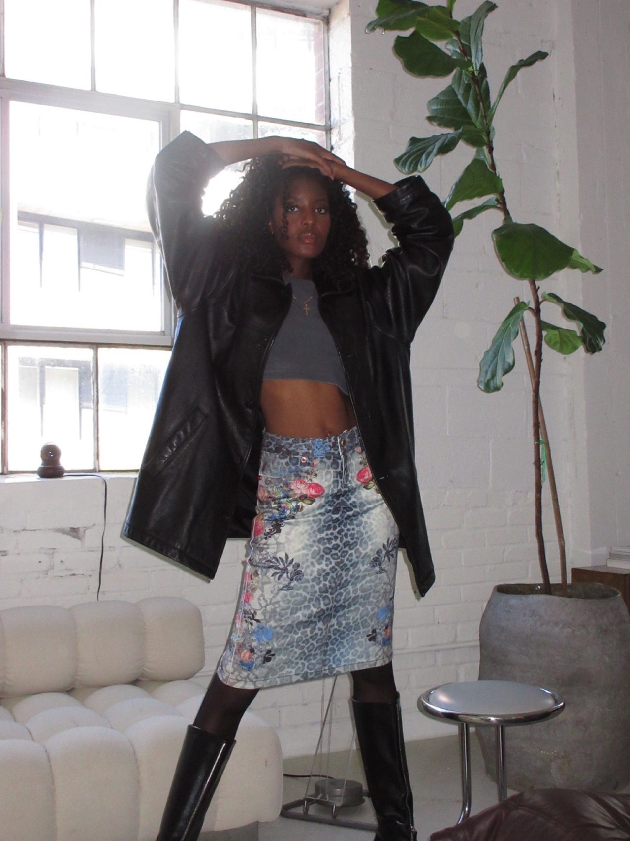 ROBERTO CAVALLI LEOPARD FLORAL DENIM SKIRT