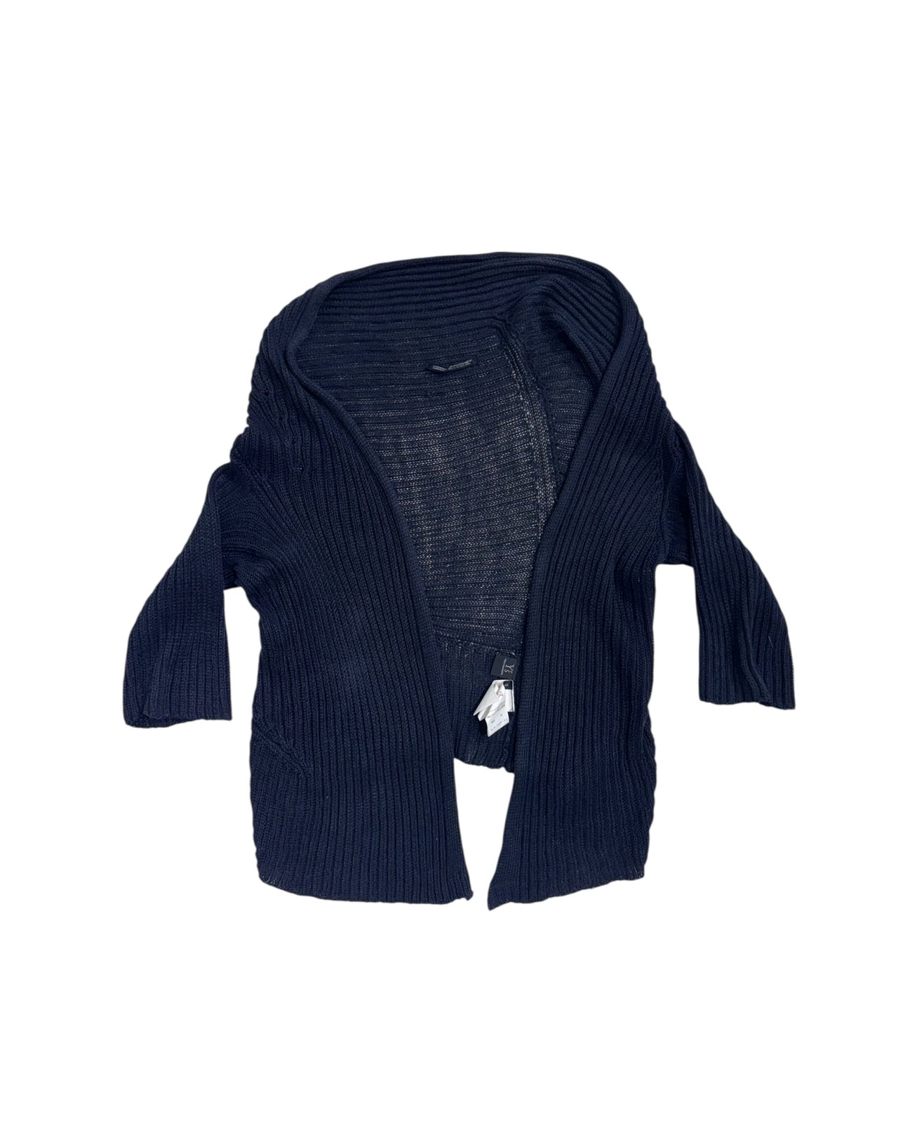 Navy blue ribbed cardigan on a white background