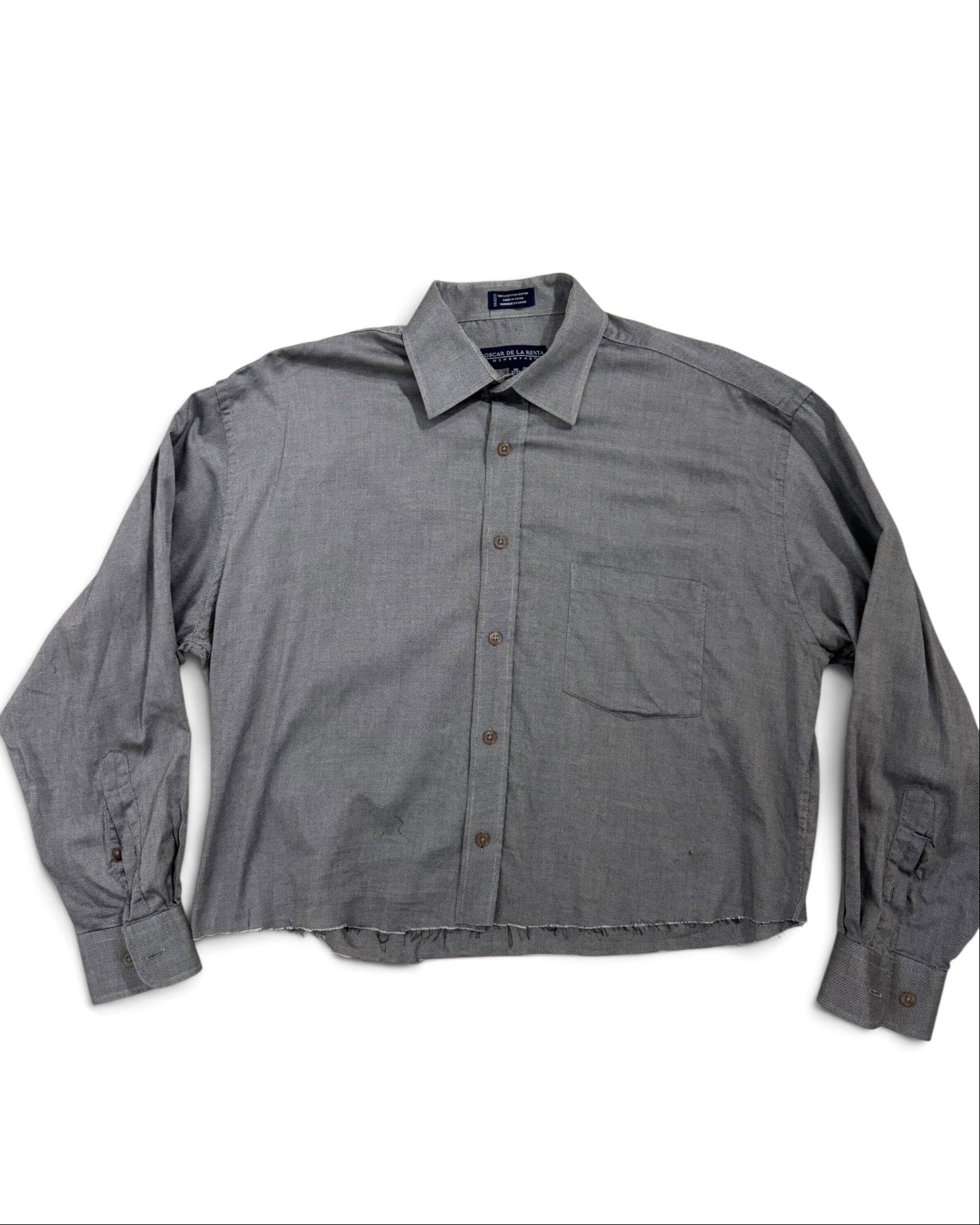 A gray long-sleeve button-down shirt with a pointed collar and a single chest pocket, laid flat against a white background.