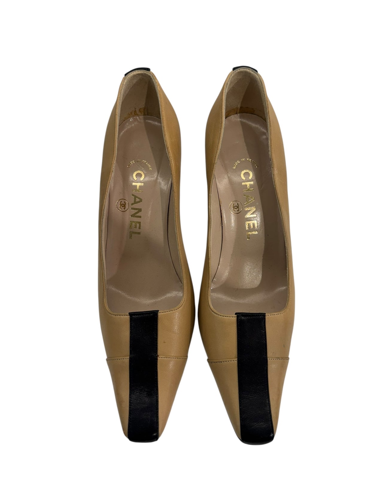 Chanel Beige and Black Cap-Toe Leather Pumps