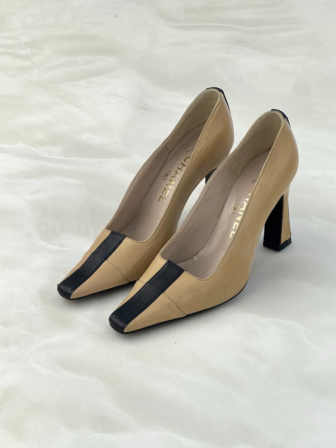 Chanel Beige and Black Cap-Toe Leather Pumps
