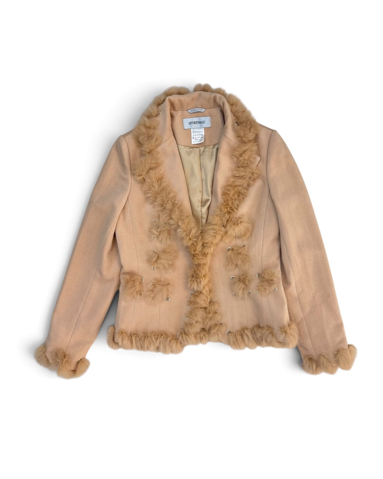 Sportmax Vintage Wool-Cotton Grommet Fur-Trimmed Blazer