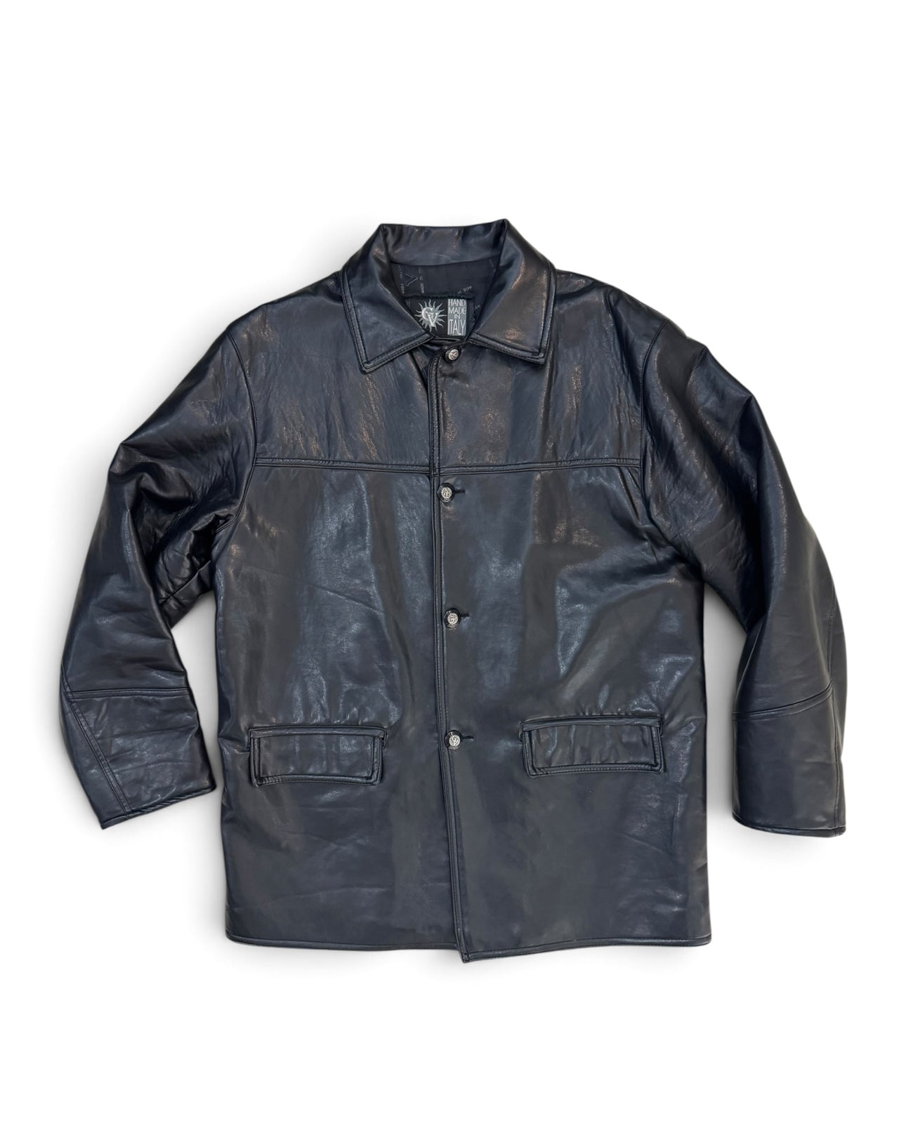 Vintage Italian Black Leather Buttoned Car Coat