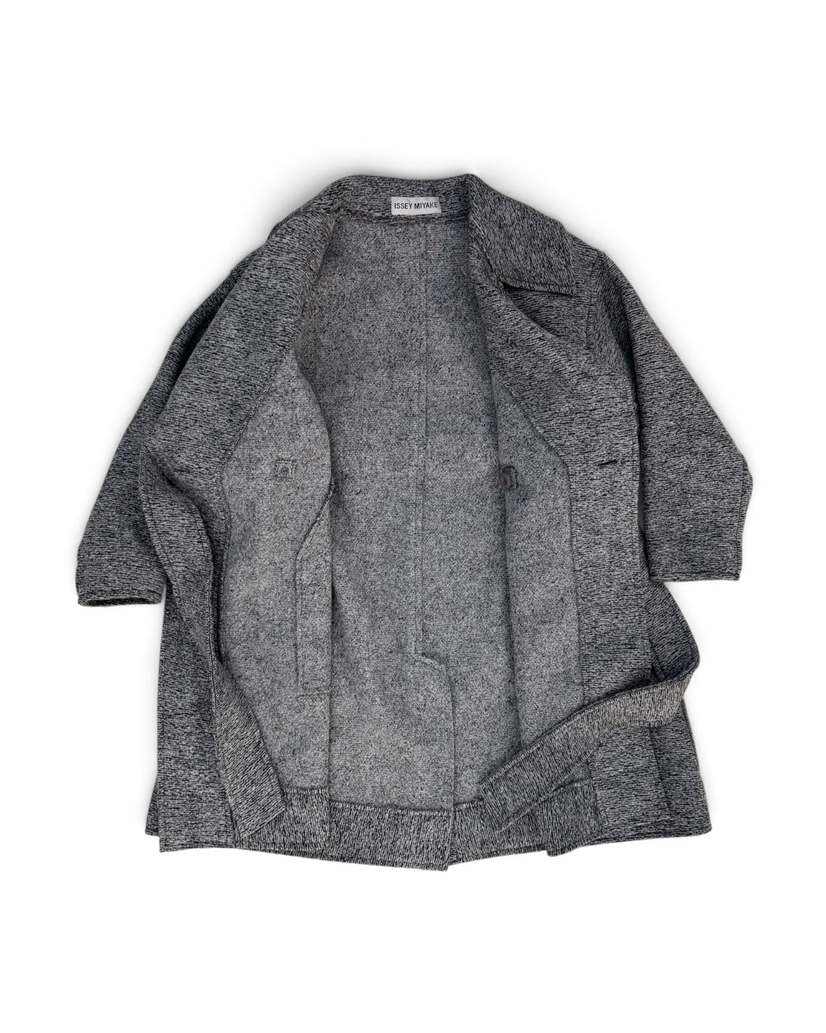 A folded gray wool cardigan sweater with a textured heathered pattern, displayed flat against a clean white background.