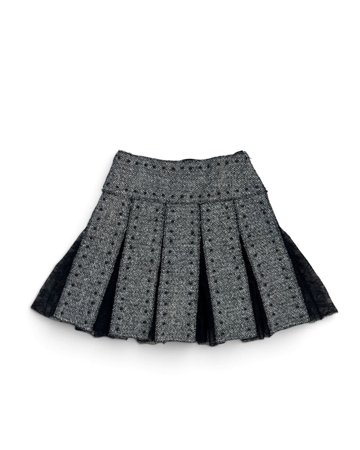 Valentino Embellished Tweed and Chantilly Lace Knife-Pleat Mini Skirt