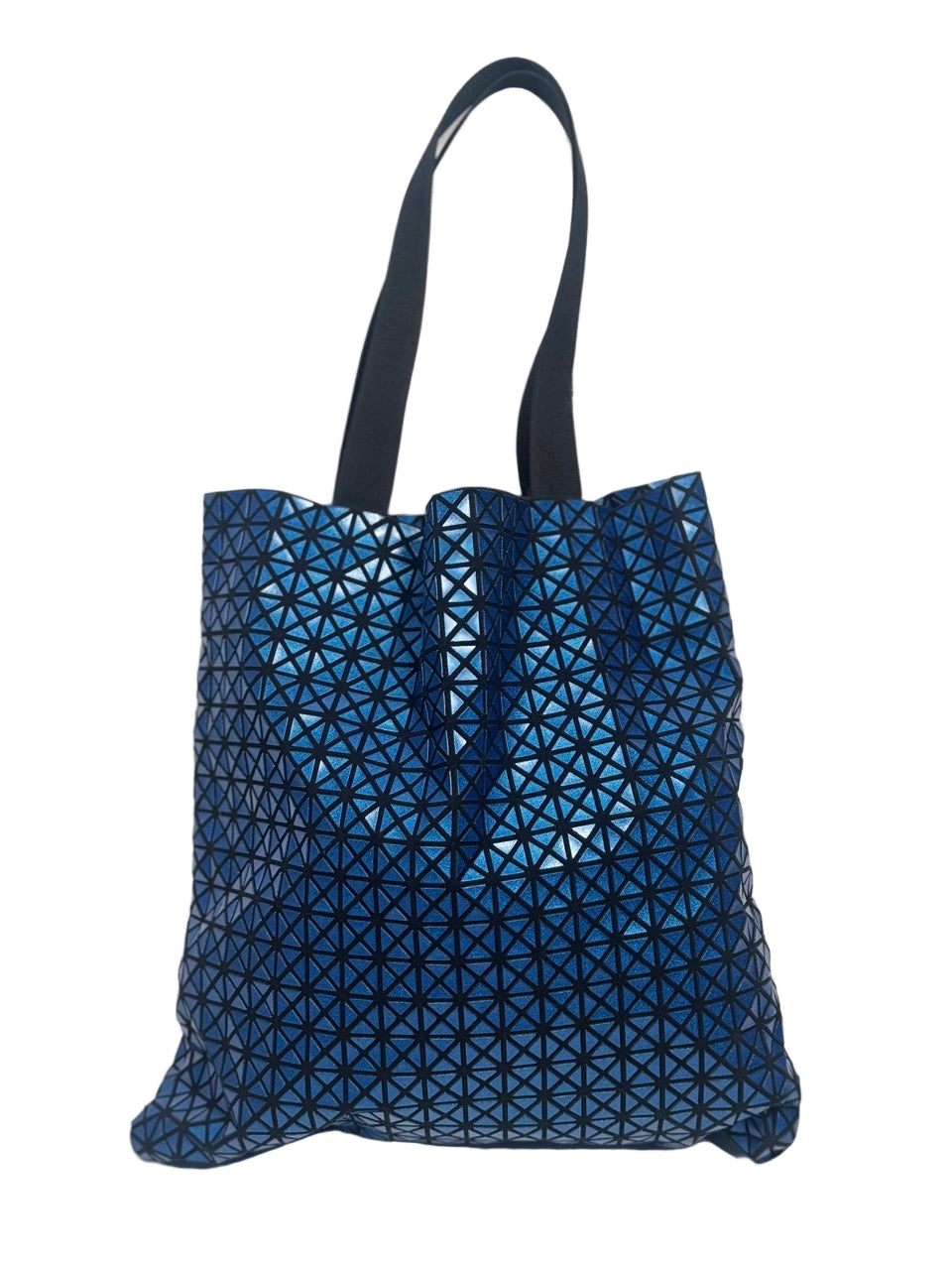 Blue geometric patterned tote bag on a white background