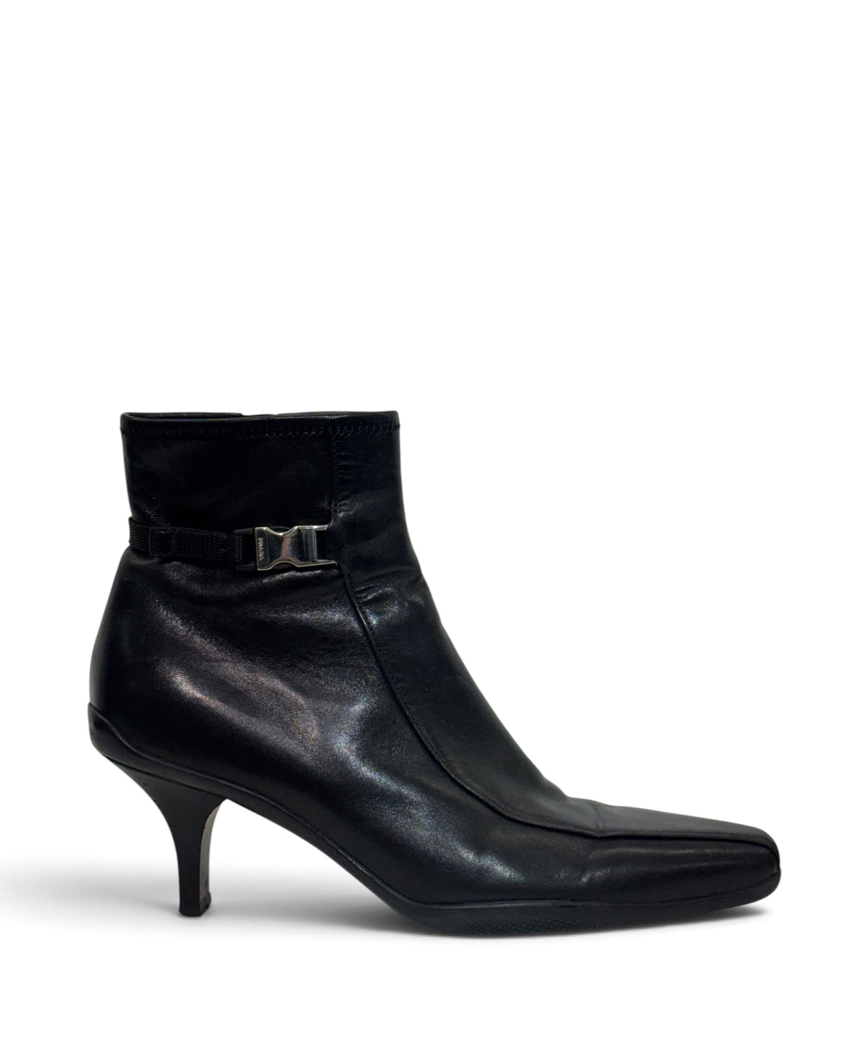 Prada Vintage 2000s Black Leather Technical Buckle Kitten Heel Ankle Boots