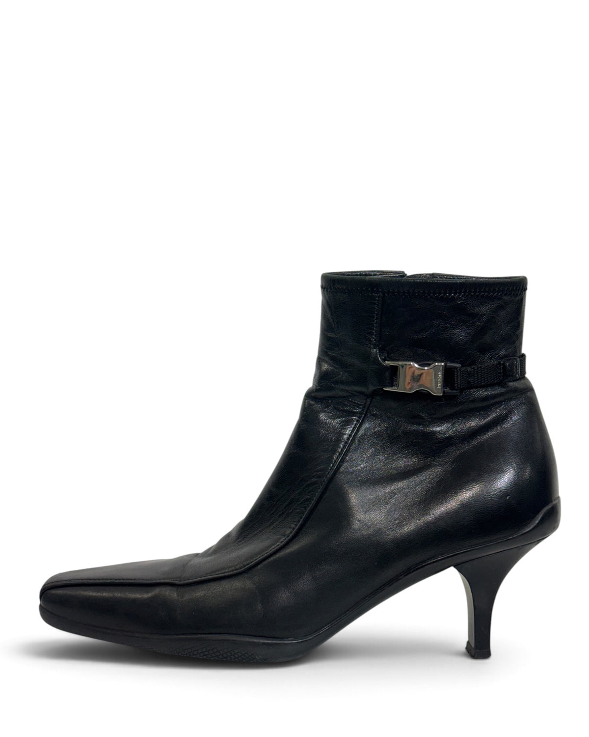 Prada Vintage 2000s Black Leather Technical Buckle Kitten Heel Ankle Boots