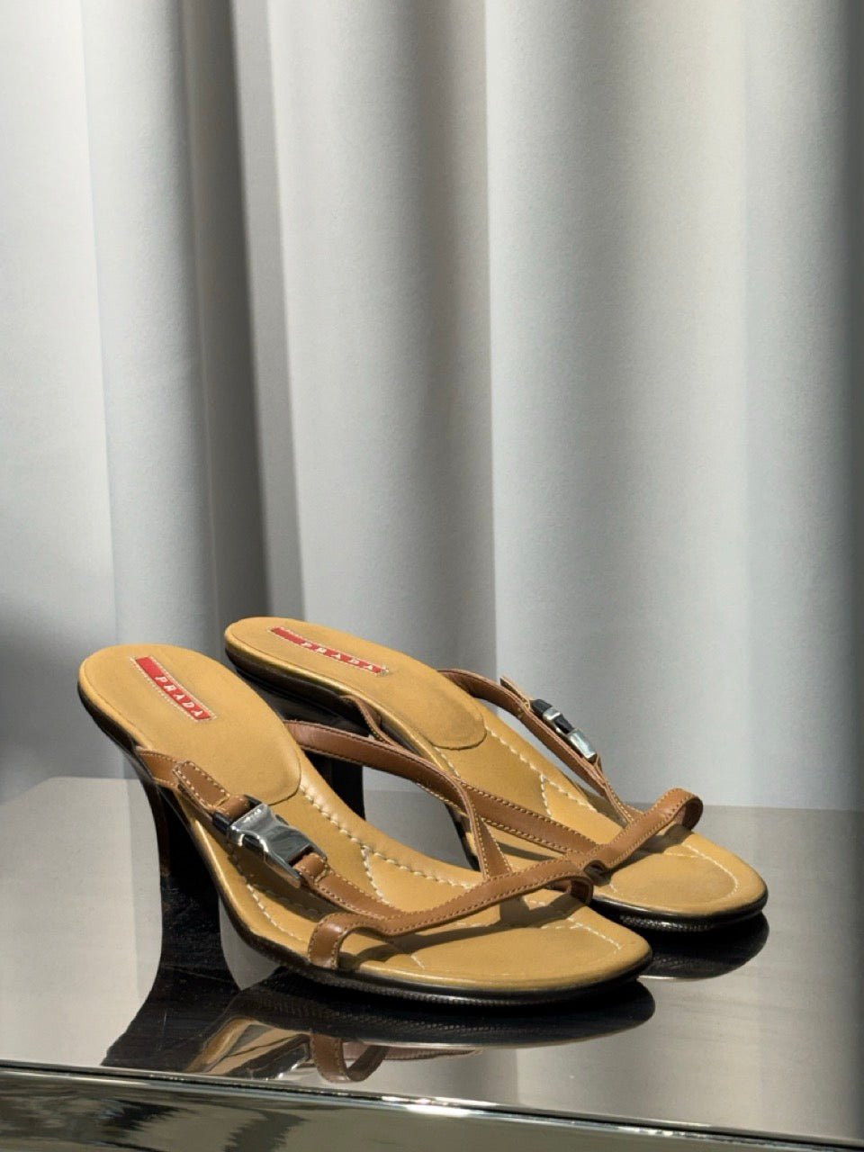 Prada Sport Tan Buckle Kitten Heels