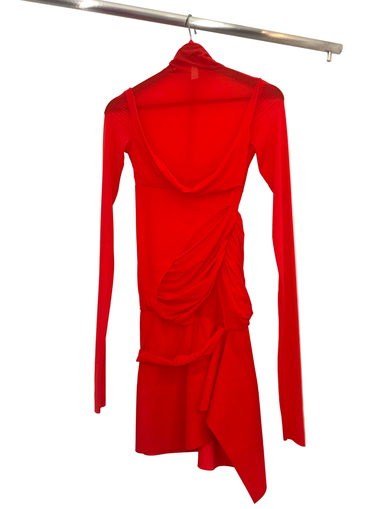 Mugler Fiery Red Asymmetric Illusion Draped Mini Dress