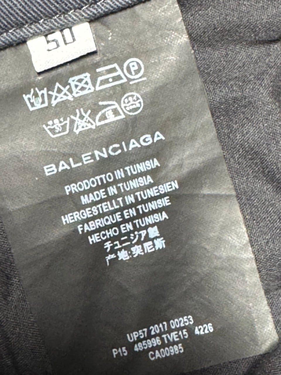 Balenciaga label on a product with text in multiple languages.