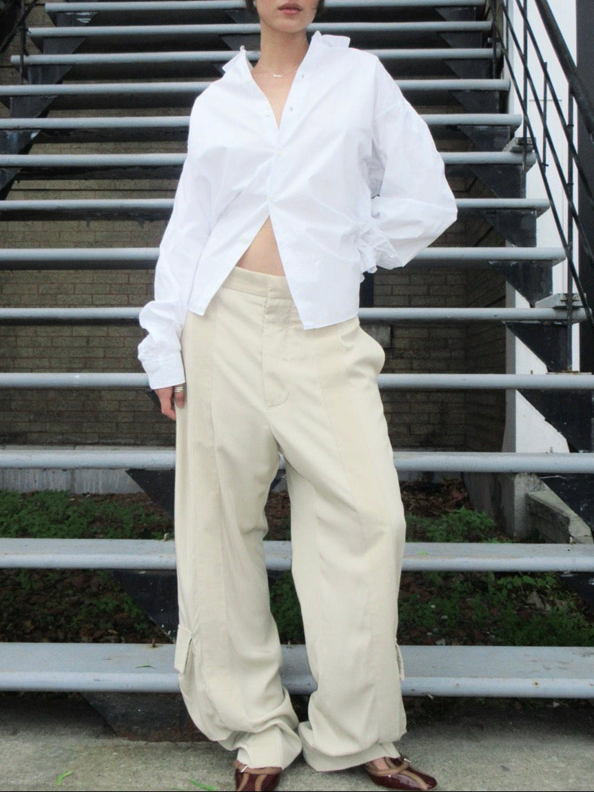 Bottega Veneta Mixed-Media Wide-Leg Cargo Pants in Beige