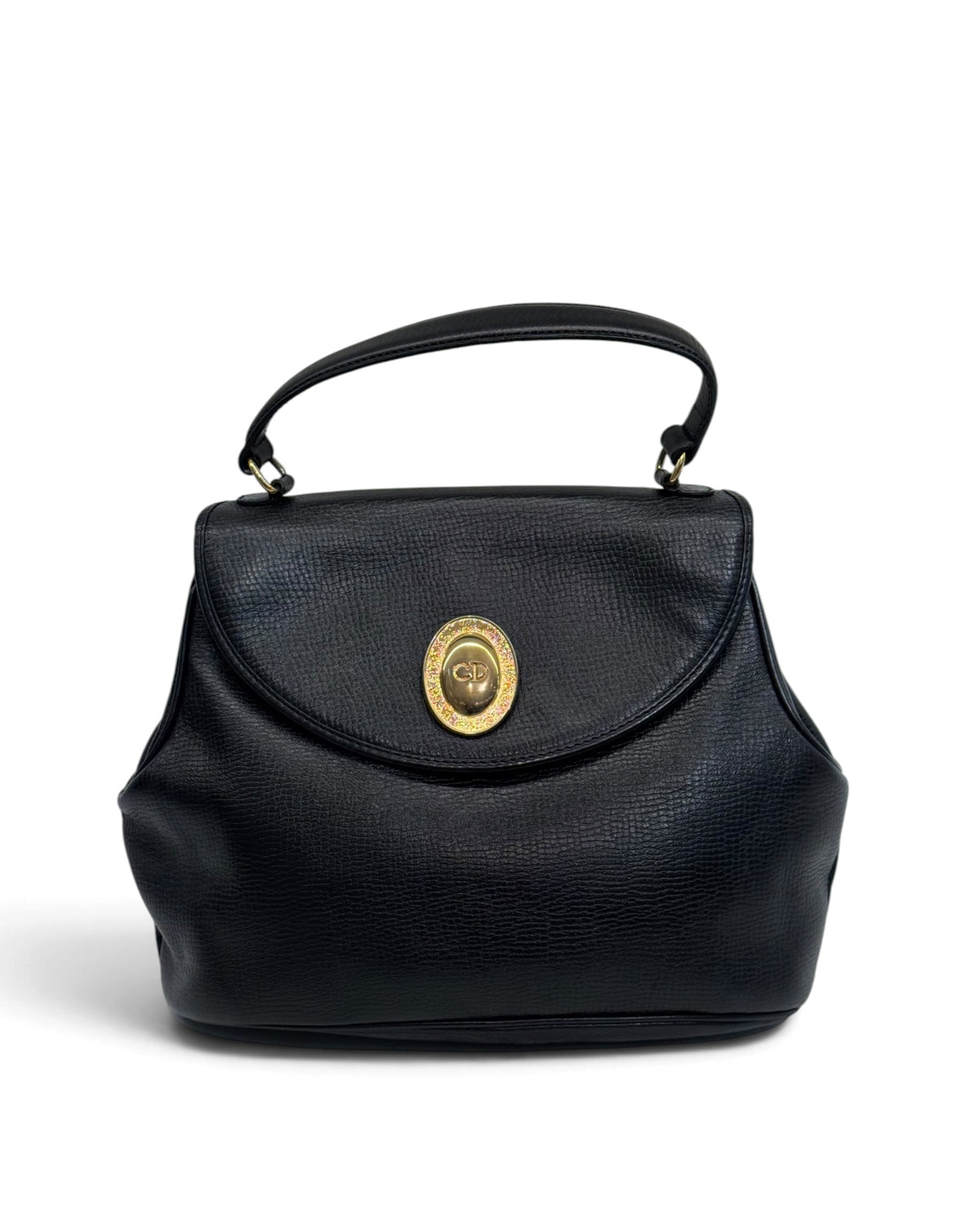 Christian Dior Vintage Black Grained Leather Oval CD Medallion Flap Top-Handle Bag with Strap